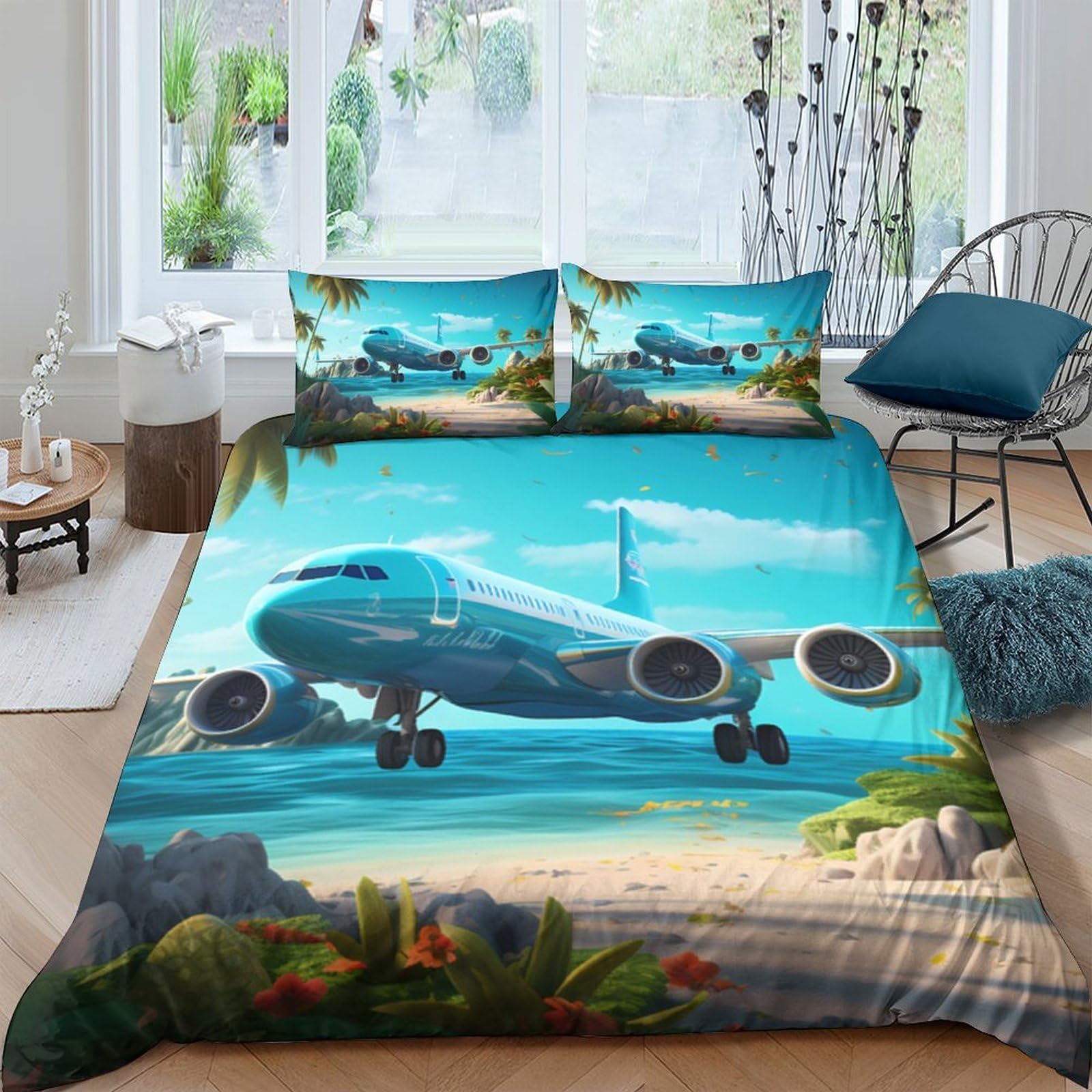 GPLZQXKJNH 3D Printed Airplane Runway Duvet Cover Microfiber Soft Tropical Beach Bedding Set with 2 Pillowcases for Bedroom Decor Single（135x200cm）
