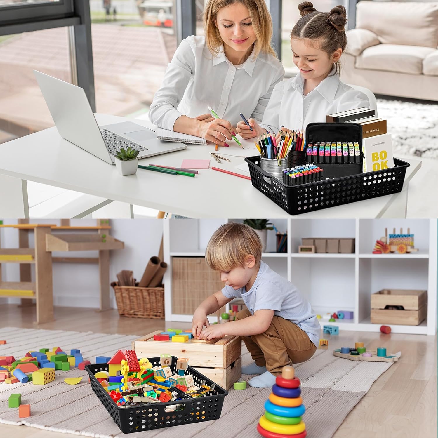 12 Pcs Plastic Storage Baskets Bulk 14 x 10 In Stackable Storage Bin with Handles A4 Size Desktop File Letter Organizer Tray Multi-purpose Container for Shelve Desktop Classroom Office Home Playroom