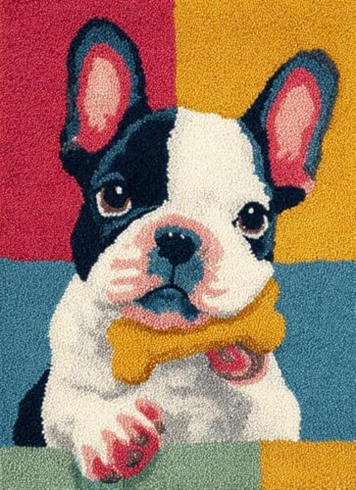 XDEGHUANGSS Latch Hook Rug Kit French Bulldog Puppy and Bone Cushion Cover DIY Craft Set Pre-Printed Mat 38x52cm for Home Decor-3