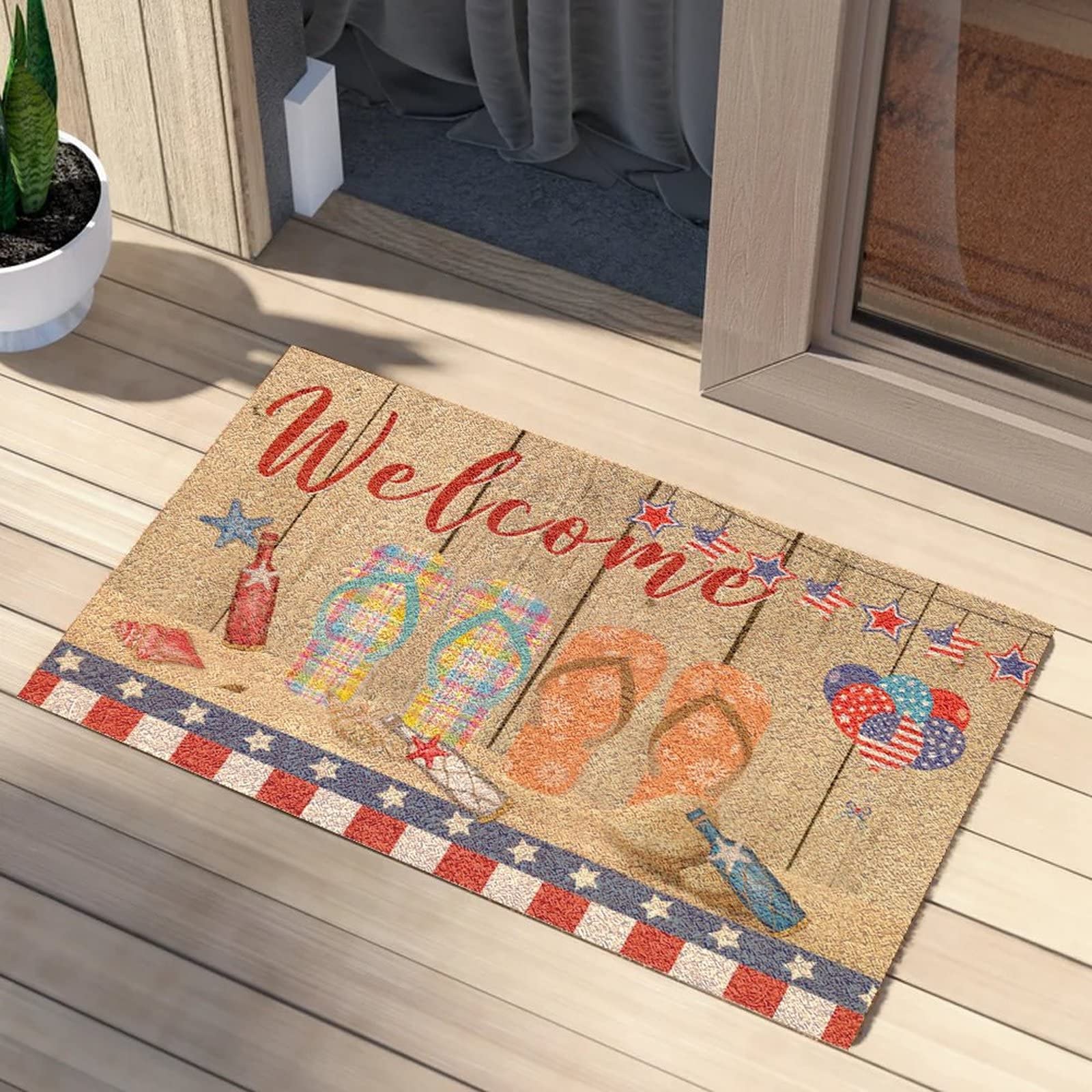 Flannel Front Door Mats Outdoor Independence Day Flip Flops Welcome Door Mat Rug Custom Beach Sea Marine' Life Summer Entry Door Rugs Traffic Guard Garage Home Home Decor 36X24 Inch — image 1