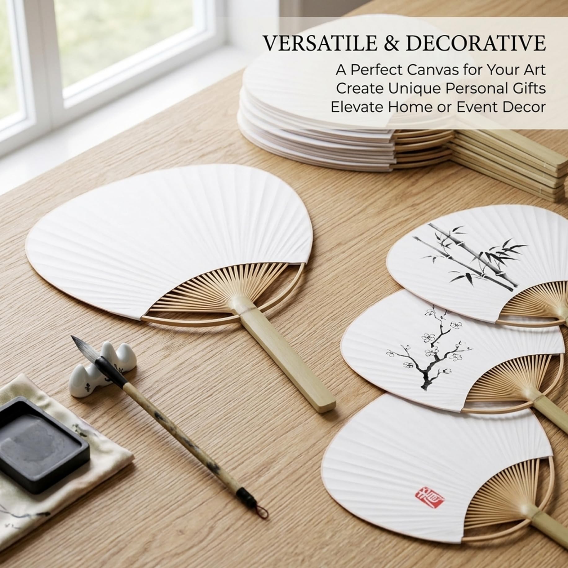 White Hand Fan - 10 Pack Elegant Paper Fan with Bamboo Handle Perfect for Wedding Favors Party Decorations and Cooling