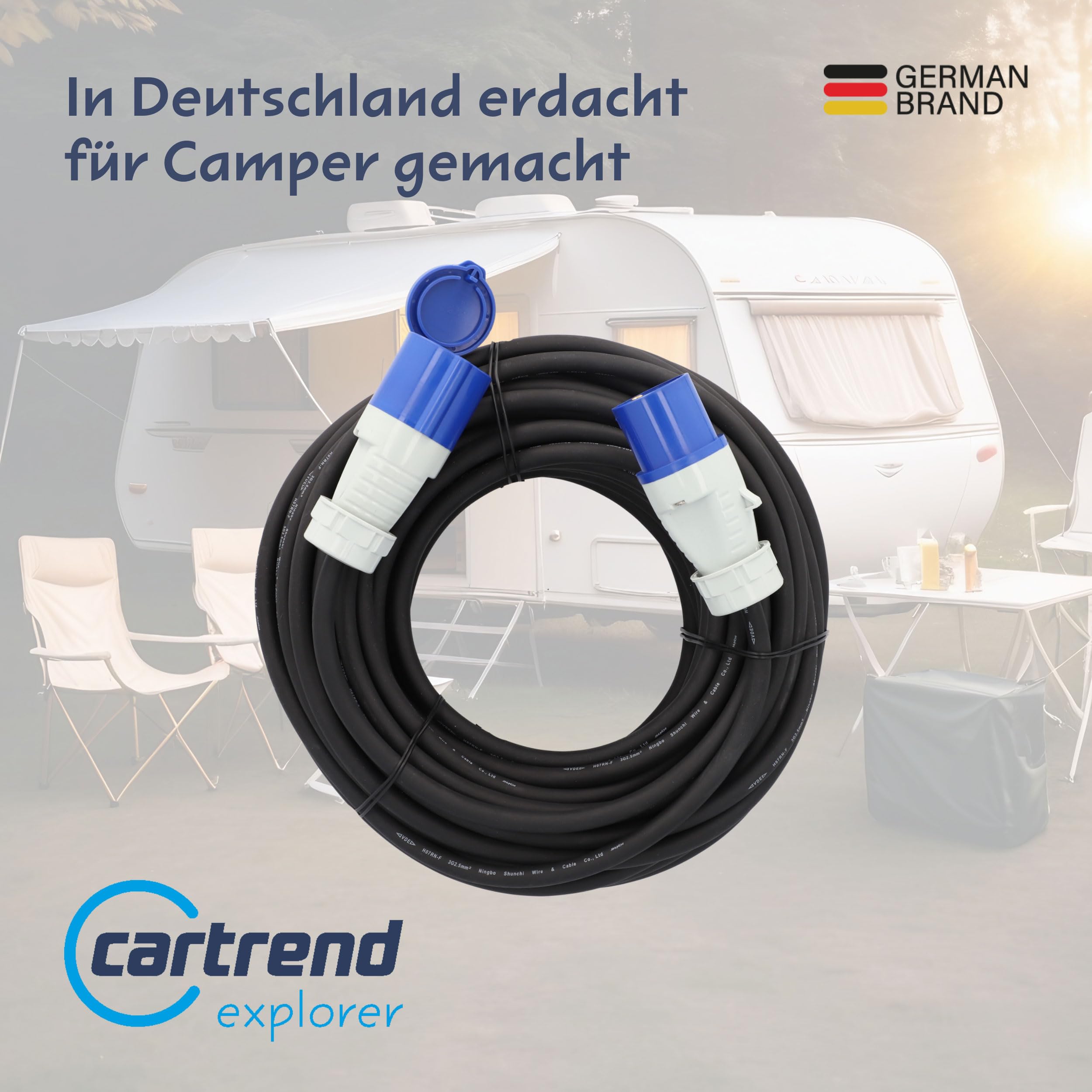 cartrend Explorer CEE przedłużacz z 3-biegunową wtyczką CEE z pokrywą na zawiasach, przedłużacz do użytku na kempingu i na zewnątrz, odporny na olej, promieniowanie UV i ozon, IP44, 25 m, czarny