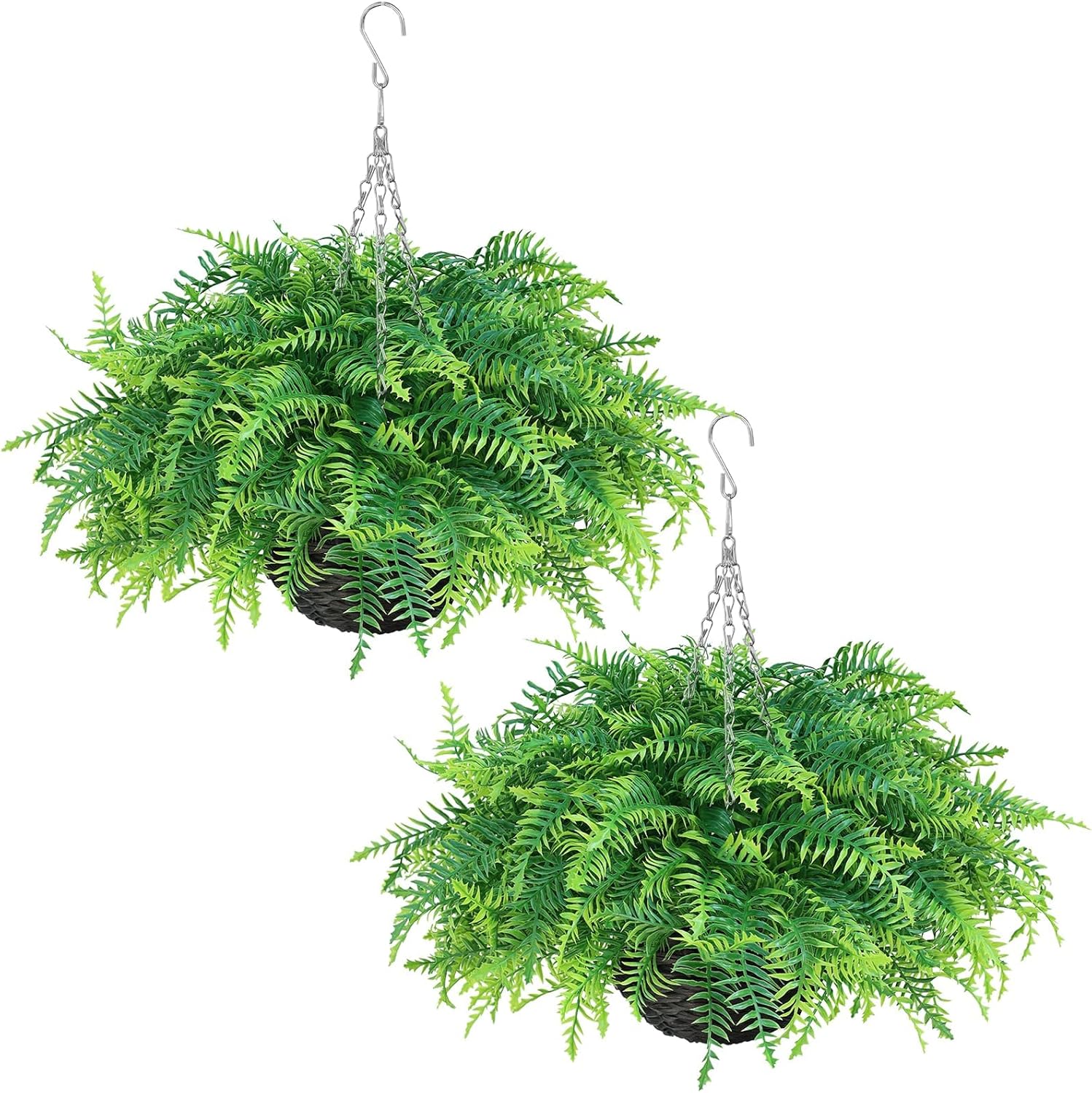 Artificial Ferns Plants with Hanging Basket-2 Set for Outdoor Decoration,Fake Boston Fern Hanging Planters Faux Greenery UV Resistant for Front Porch Patio Garden Farmhouse Home Decor (Green)