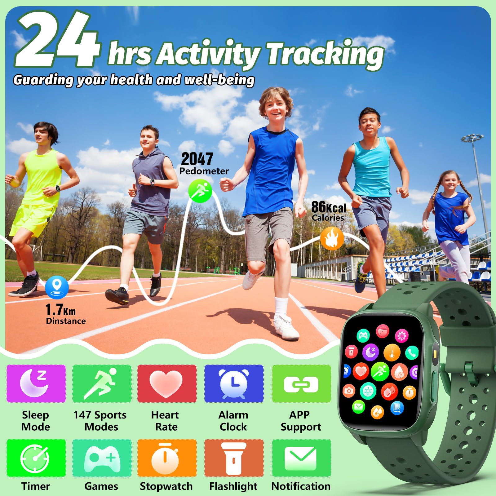 meoonley Smartwatch per Bambini, Activity Tracker da 1.5" per Ragazzi, monitoraggio benessere e sonno, Frequenza Cardiaca, Giochi di puzzle, Funziona Senza App/Telefono, Regalo per Ragazzi 6-15 Anni