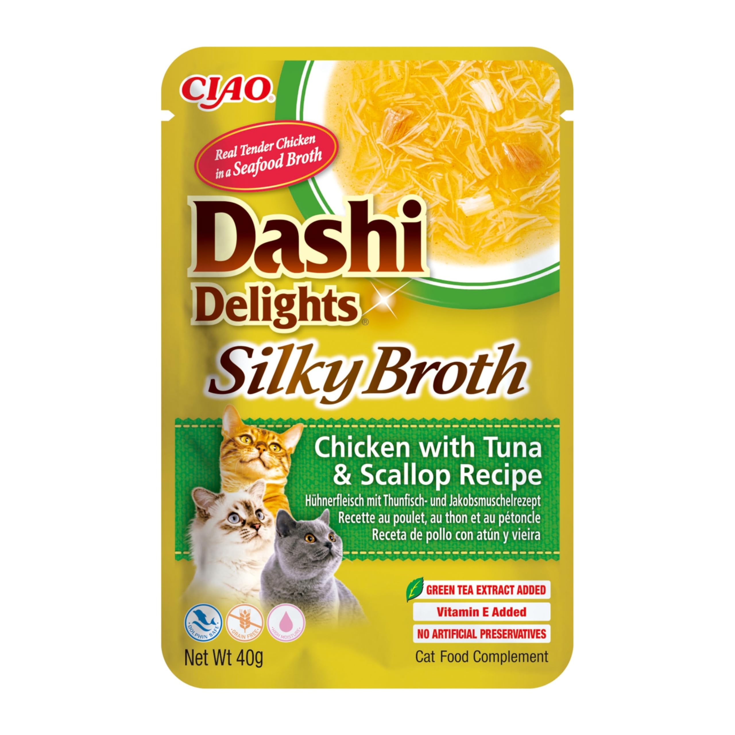 INABA Dashi Delights Silky Broth, Delicati Fiocchi in Brodo di Pollo con Tonno e Capesante - Cibo Umido per Gatti, Snack per Gatti Con Proteine, Ingredienti Naturali - Pasto Complementare - 1 x 40gr