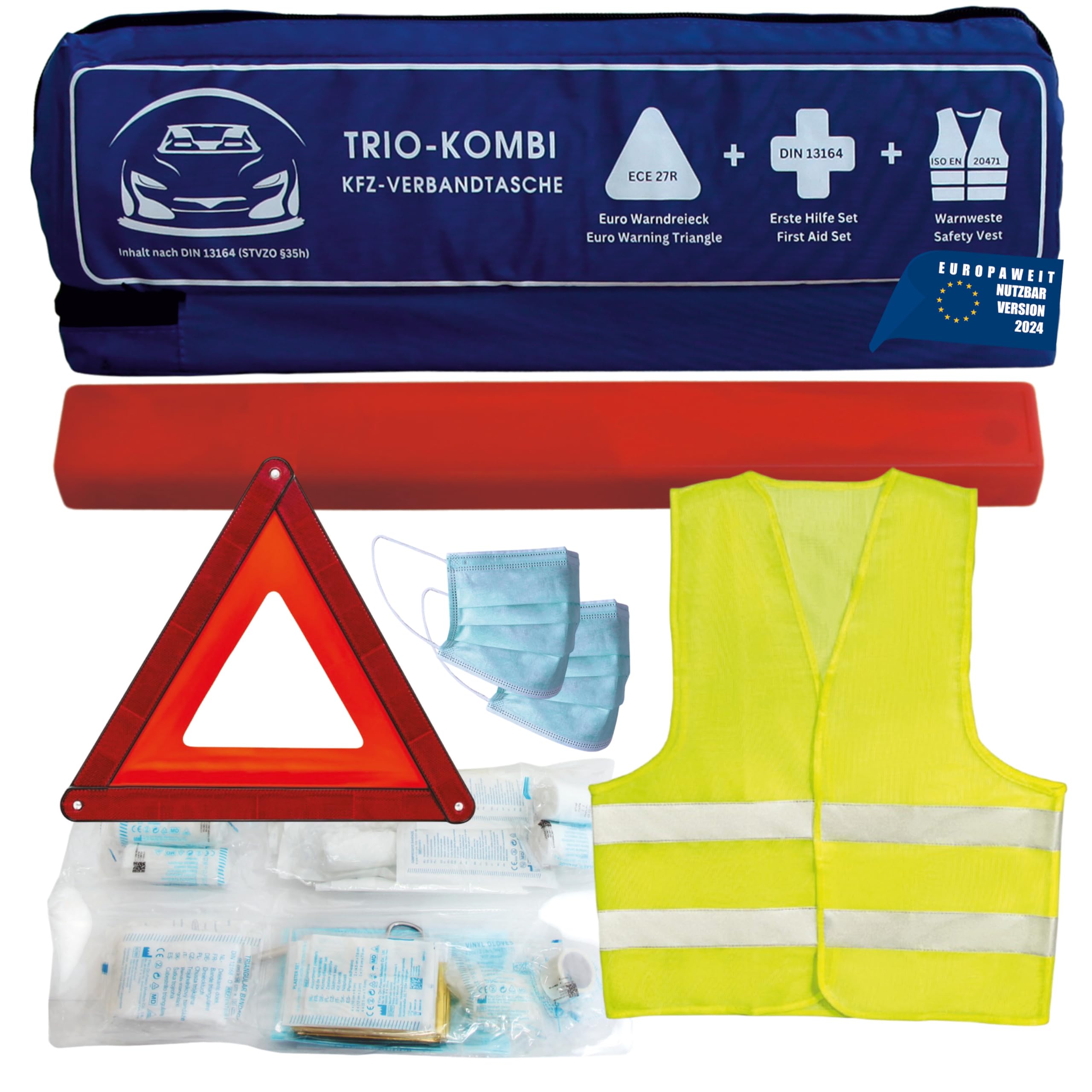 VZL KFZ Zubehör Kombitasche Verbandskasten Auto 2026 tüv geprüft, inklusive Warndreieck und Warnwesten Auto - kfz Verbandskasten inklusive Erste Hilfe Set Auto 2026 (blau)