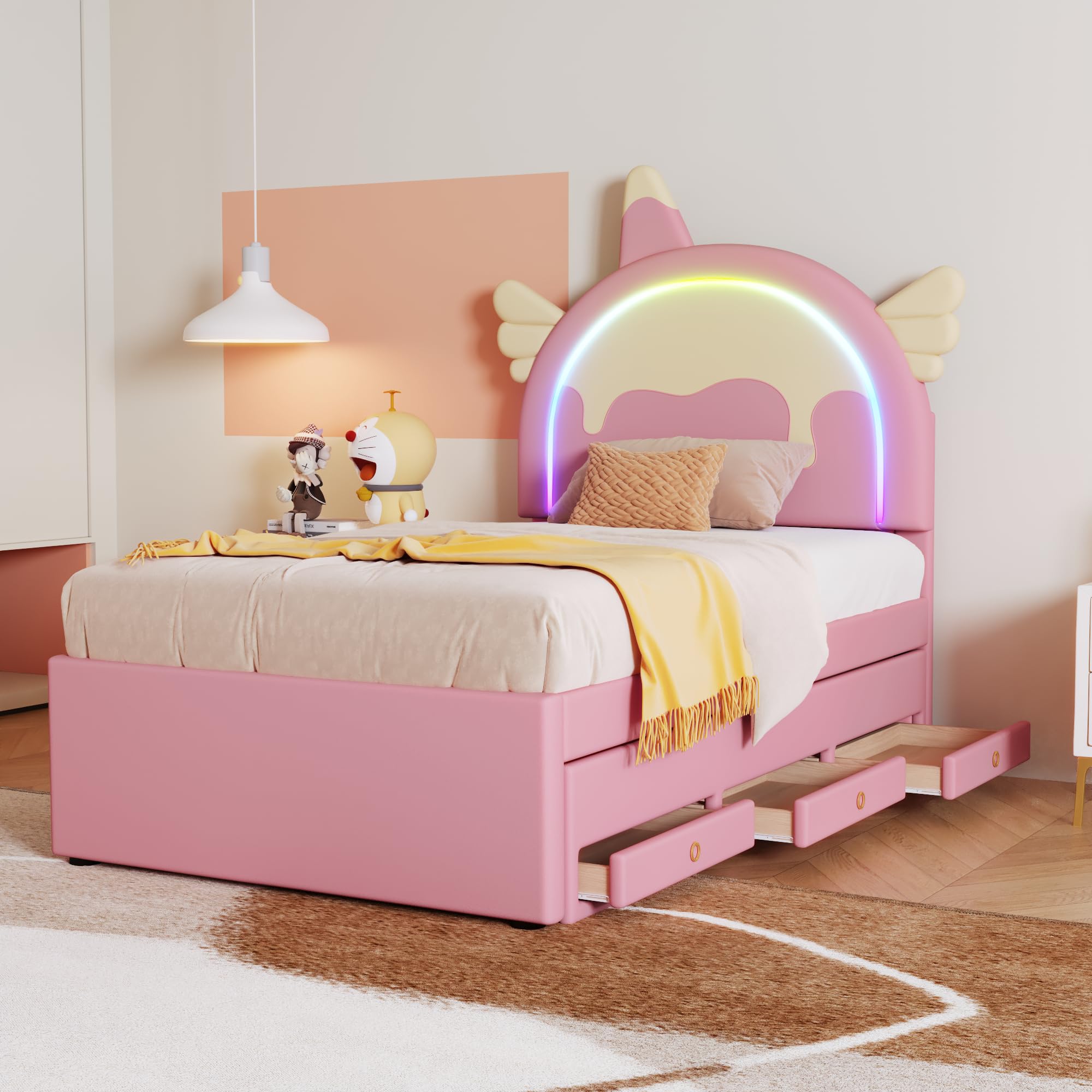 Cama Nido 90x200 cm Rosa con diseño de Unicornio y Cama extraíble con Ruedas cajones Inferiores Cama tapizada Cama Individual para Dormitorio Juvenil y Dormitorio