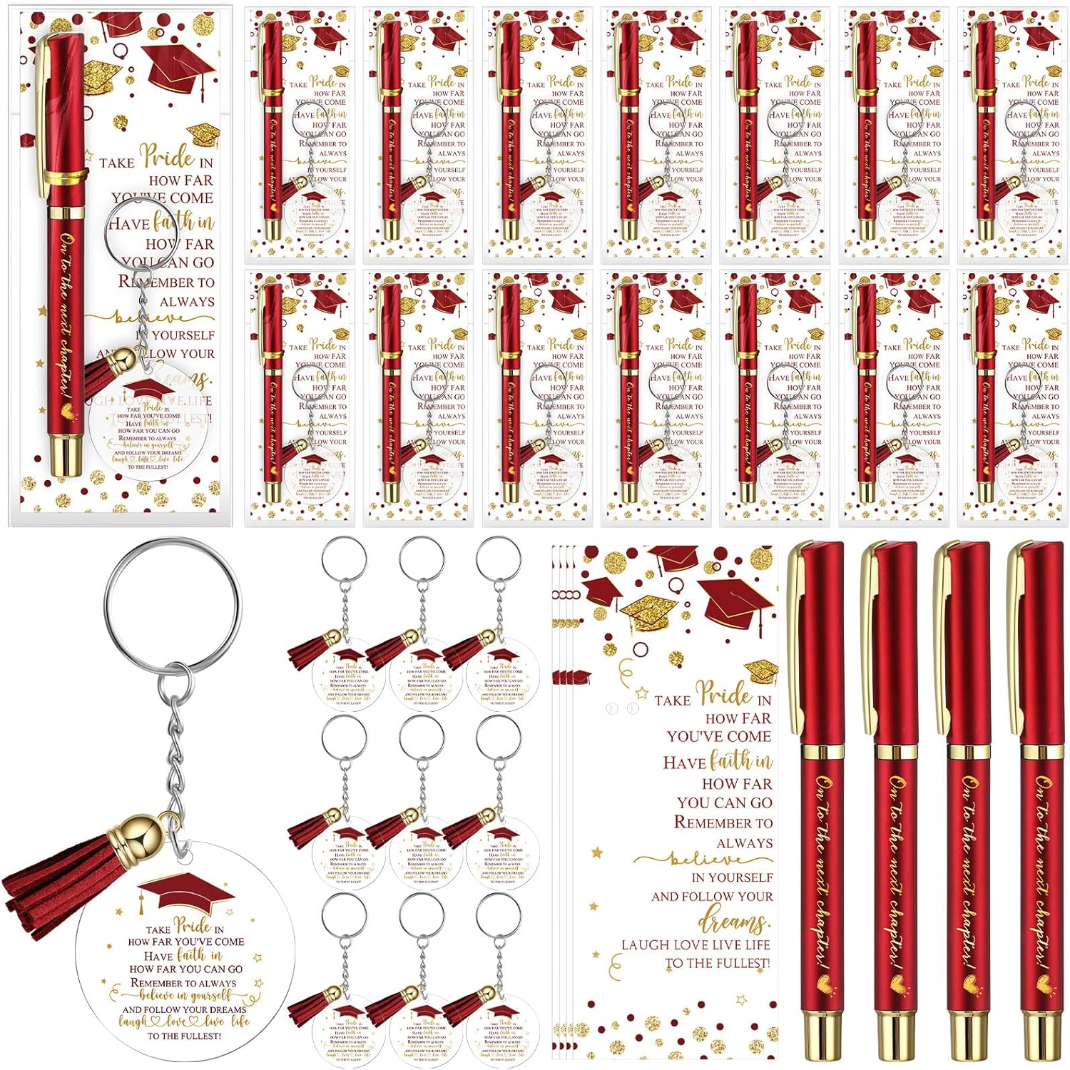 50 Set Graduation Gifts Party Favor, Class of 2026 Graduation Gifts Bulk Include Ballpoint Pens Positive Cards Acrylic Keychains with Tassel for Middle Senior School Party Supplies (Red)