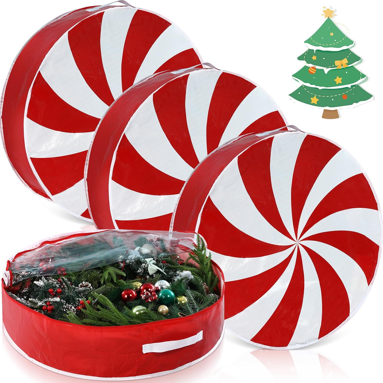 4 Pcs 36 Inch Christmas Wreath Storage Bag Candy Cane Wreath Storage Container Clear Window Dual Zipper Handle Red White Peppermint Garland Organizer for Holiday Decoration, Cute Lollipop