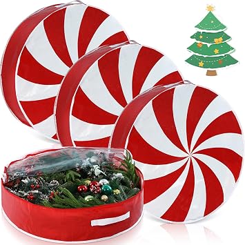 4 Pcs 24 Inch Christmas Wreath Storage Bag Candy Cane Wreath Storage Container Clear Window Dual Zipper Handle Red White Peppermint Garland Organizer for Holiday Decoration, Cute Lollipop