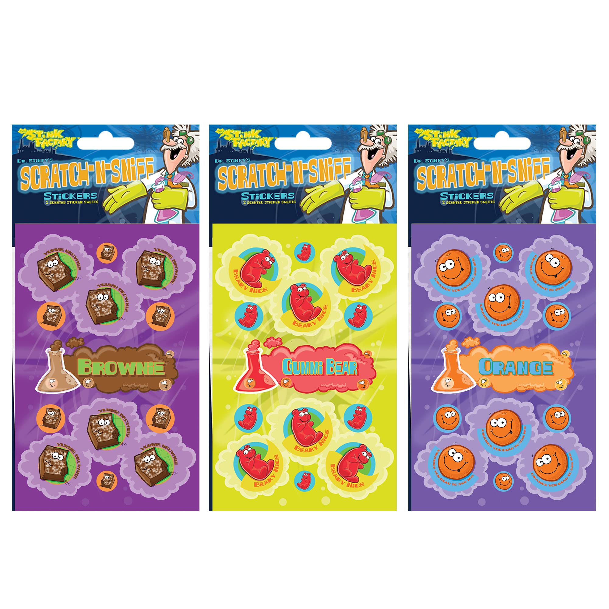 Just For Laughs Dr. Stinky's Scratch N Sniff Stickers 3-Pack, Orange, Gummi Bear, Brownie, 81 Total
