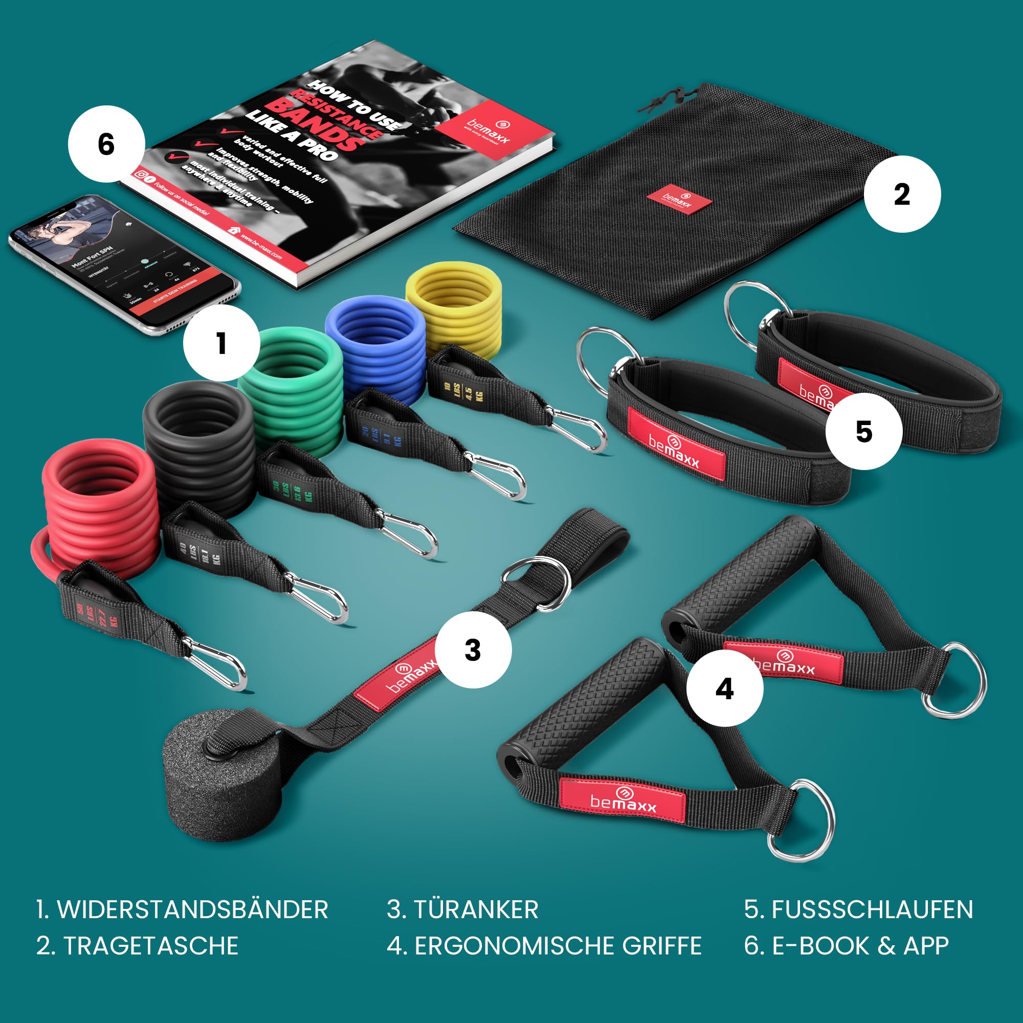 Resistance Bands Widerstandsband Set mit Trainings-eBook - Expander Tubes Bänder Band Fitnessbänder - Widerstandsbandset: 5 Widerstandsbänder, Griffe, Türanker, Fußschlaufen | Fitnessband Fitness