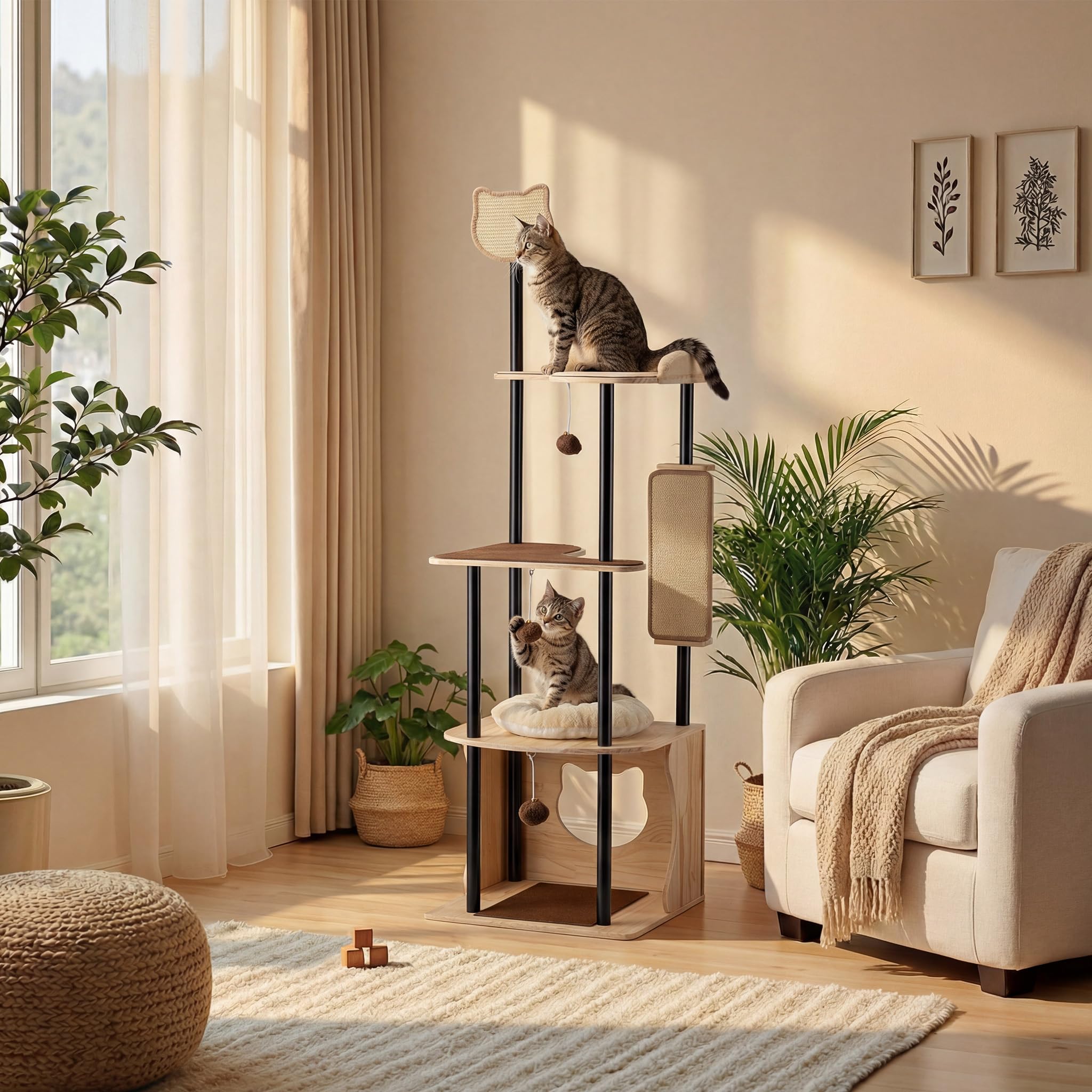Fudajo Kratzbaum aus Metall 48 x 48 x 168 cm mit Sisal, Kratzmöbel mit Kratzbrett, Katzenbaum mit großer Liegefläche und modernem Design