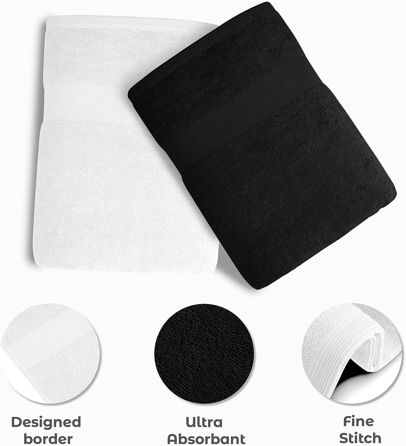 Luxury Bath Towels Set of 4 (27” x 54”) | Towels for Bathroom | Super Soft | Highly Absorbent Towels for Home, Spa, Gym (Black-White)