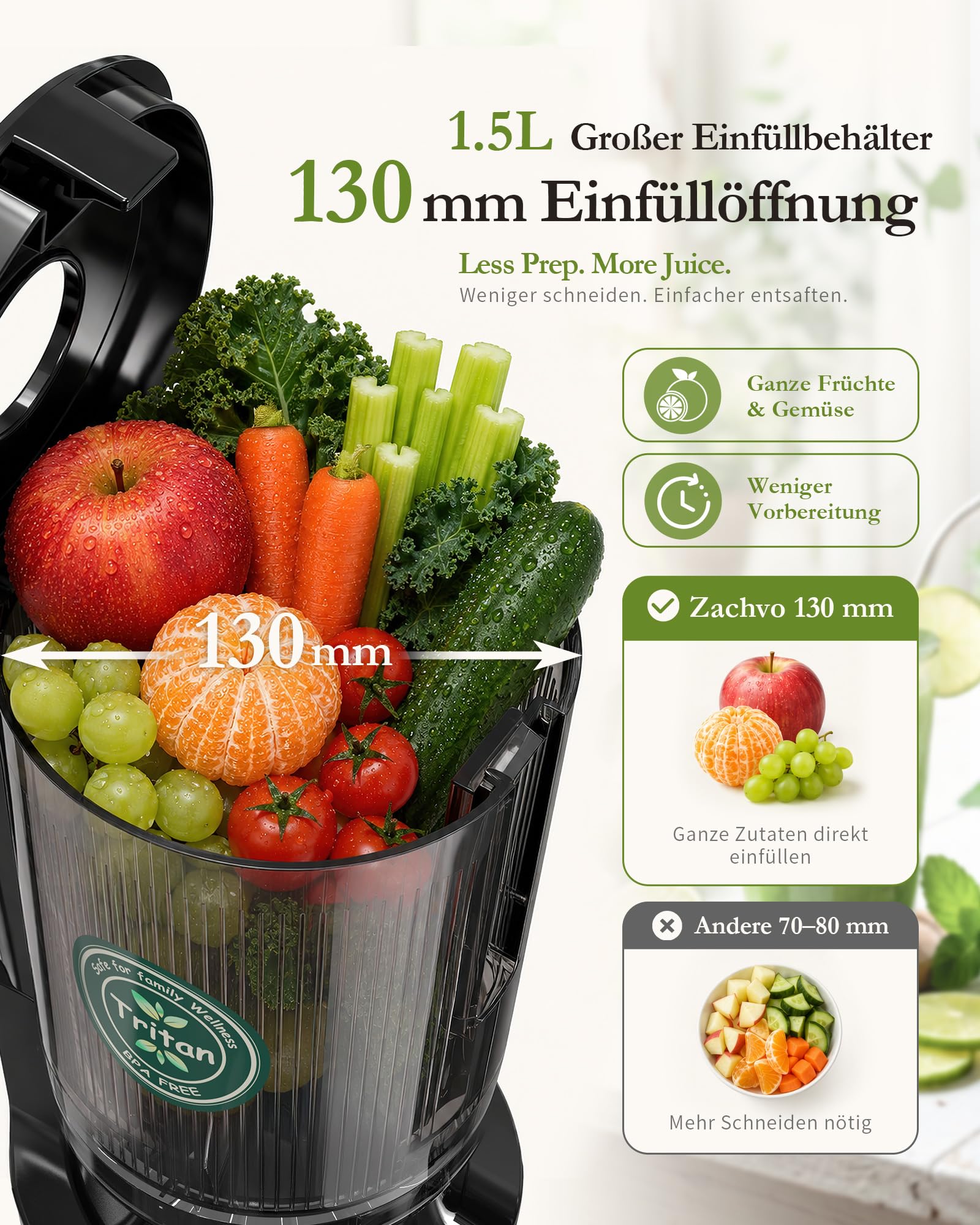Slow Juicer Entsafter BPA-frei Tritan 130 mm Einfüllöffnung 1,5 L Kaltpress-Saftpresse 220 W