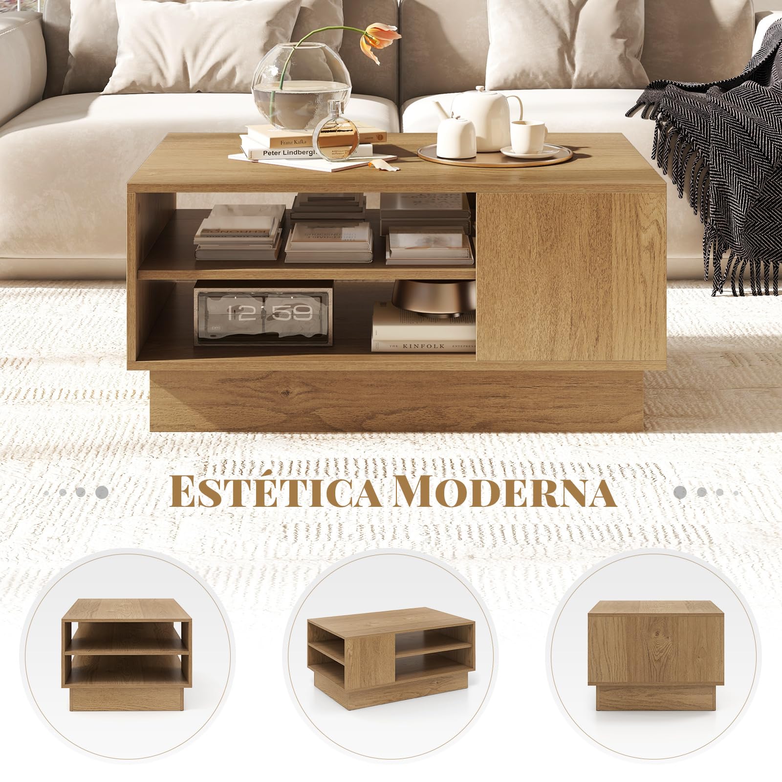 COSTWAY Mesa de Centro Moderna, Mesa Rectangular con 2 Estantes Abiertos, Mesa Auxiliar para Salon, Sala de Recepción, Sala de Espera, 86 x 56 x 41 cm (Natural)