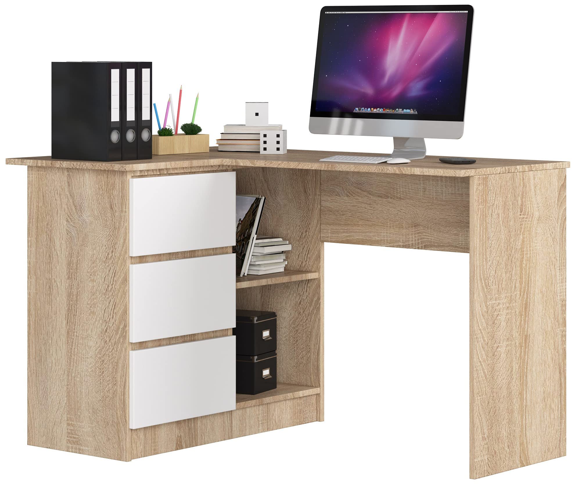 AKORD Bureau d'angle | Table avec Meuble de Rangement intégré et modulable avec 3 tiroirs et 2 étagères | L124 x H77 x P85 | Fourniture Bureaus | Couleur Chêne Sonoma/Blanc