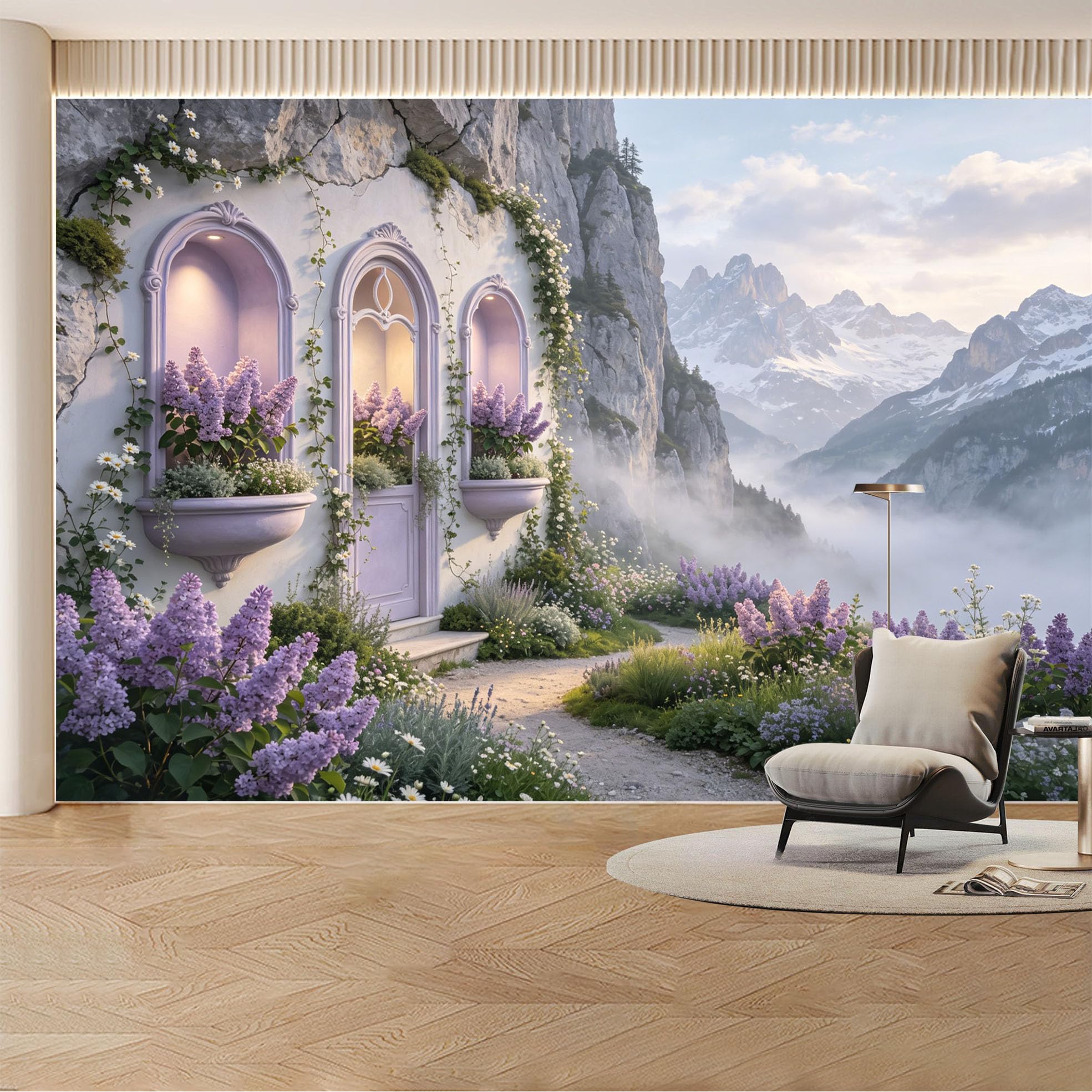 Custom Wall Mural Wallpaper Mountain Flower Landscape Nature Wall Decor Large Wall Art Misty Nordic Sunset Removable SelfAdhesive Large Photo for Living Room， Bedroom， Office