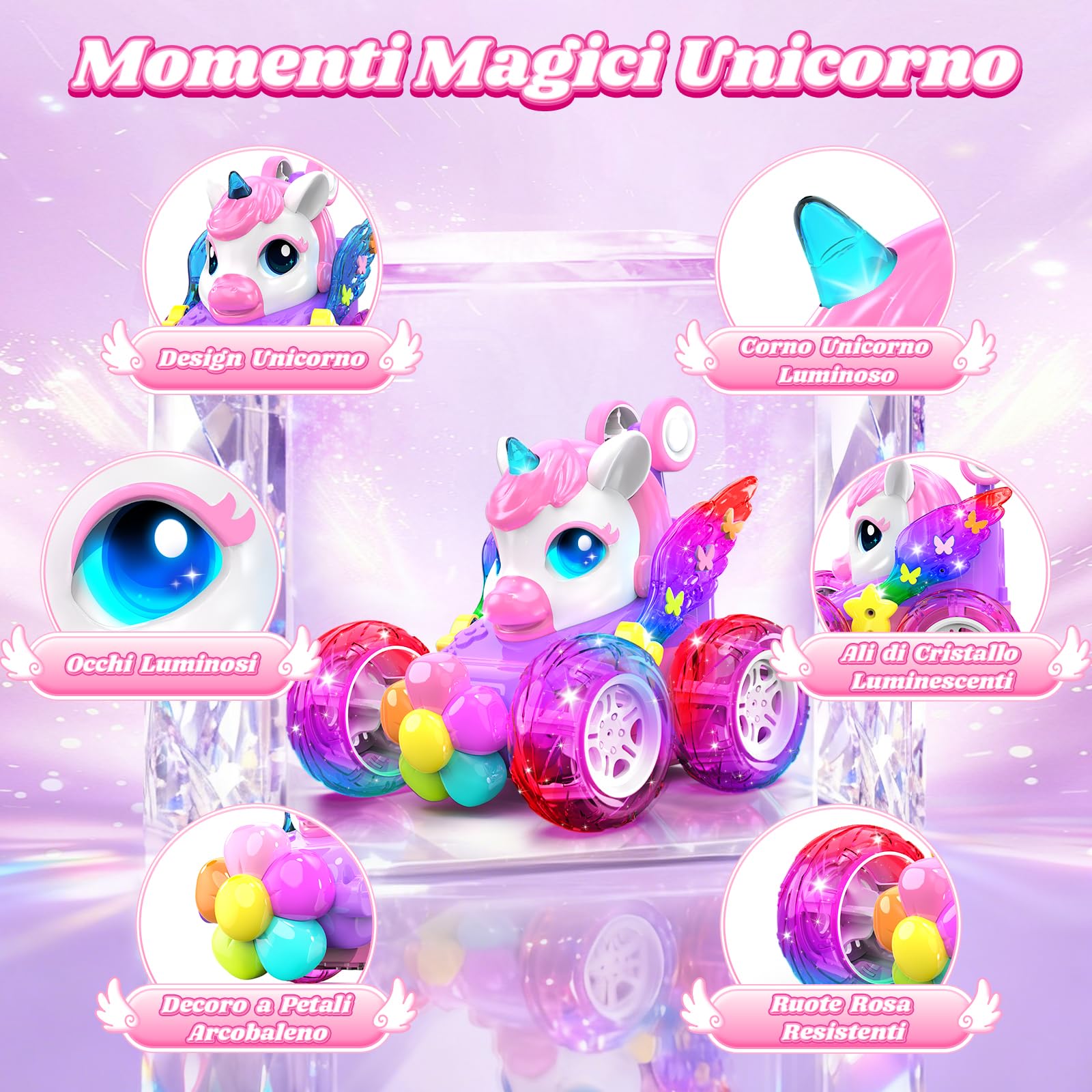 Unicorno Macchina Telecomandata Bambini 2,4GHz RC Car con Luce & Flip 360°, Regalo Bambina Giochi Bambini 3-12 Anni, Gioco Bambina Giocattoli Bimba 4 5 6 7 8 9 10 Anni Femmina Natale Compleanno Regali