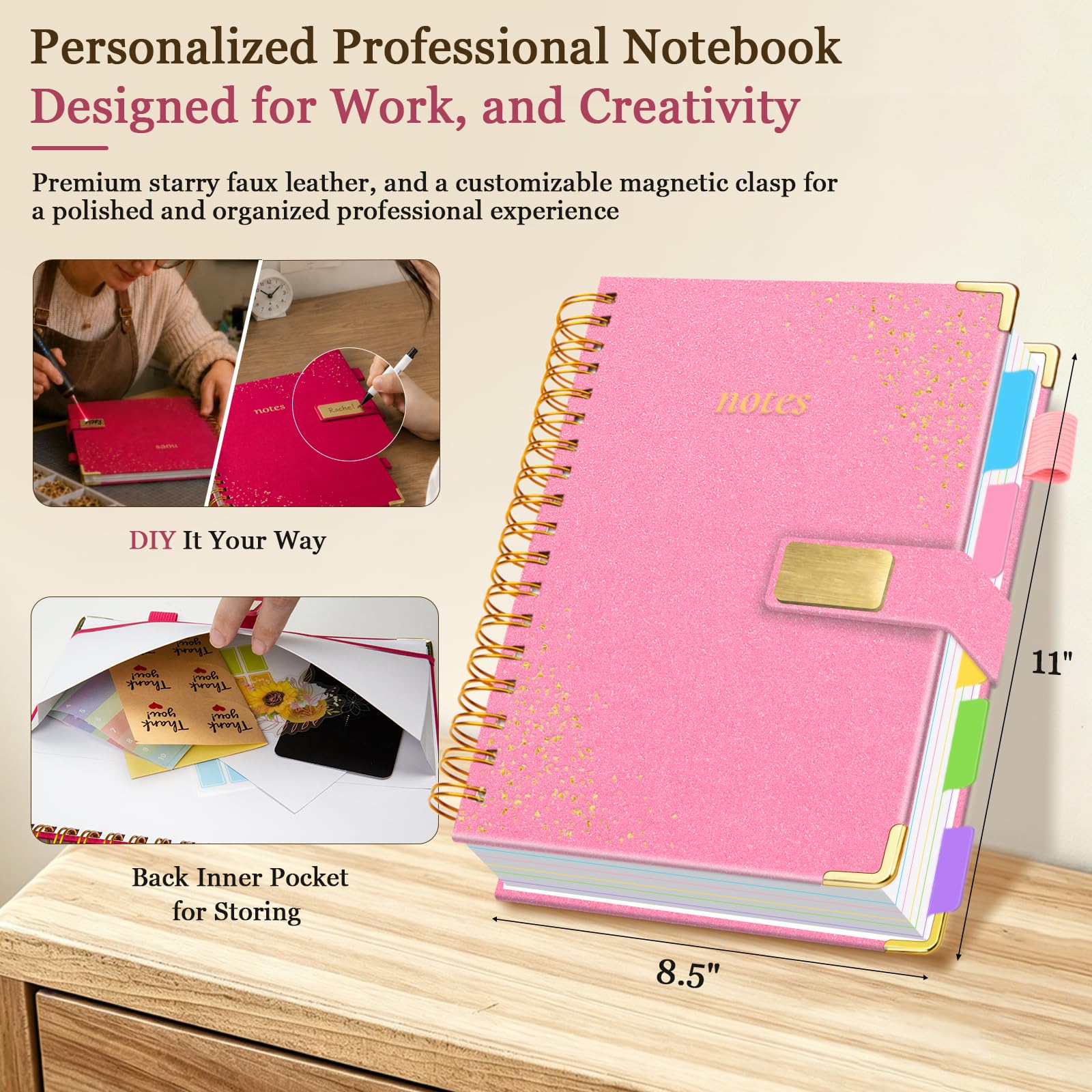 Spiral Notebook Journal 8.5''x 11'' 5 Subject Notebook with Dividers, 300 Pages Notebook College Ruled with Magnetic Closure, A4 Tabbed Notebooks for Work School, Sparkle Journal for Women (Pink)