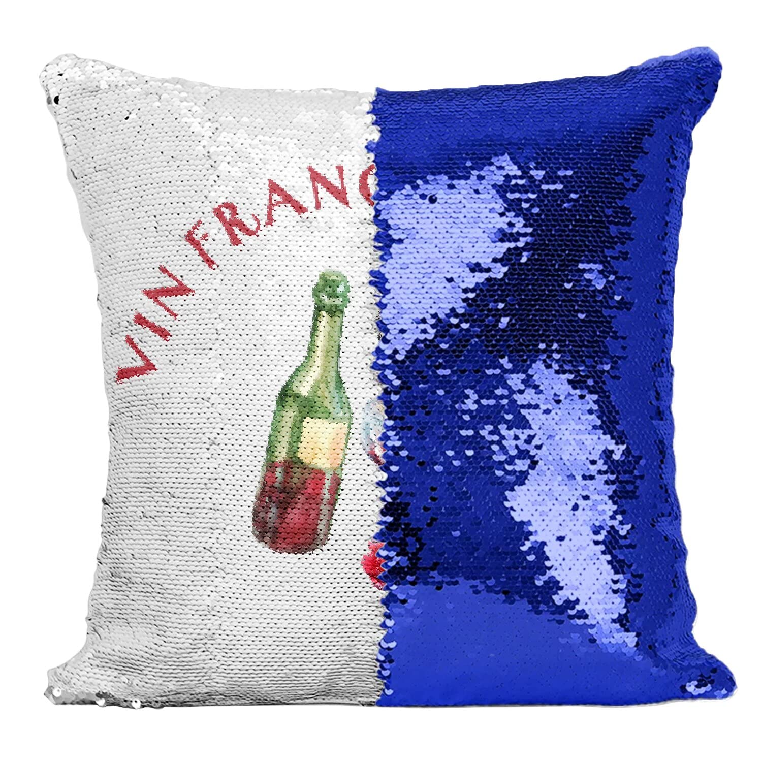 Coussin avec housse sequin bleu et motif de bouteille de vin français