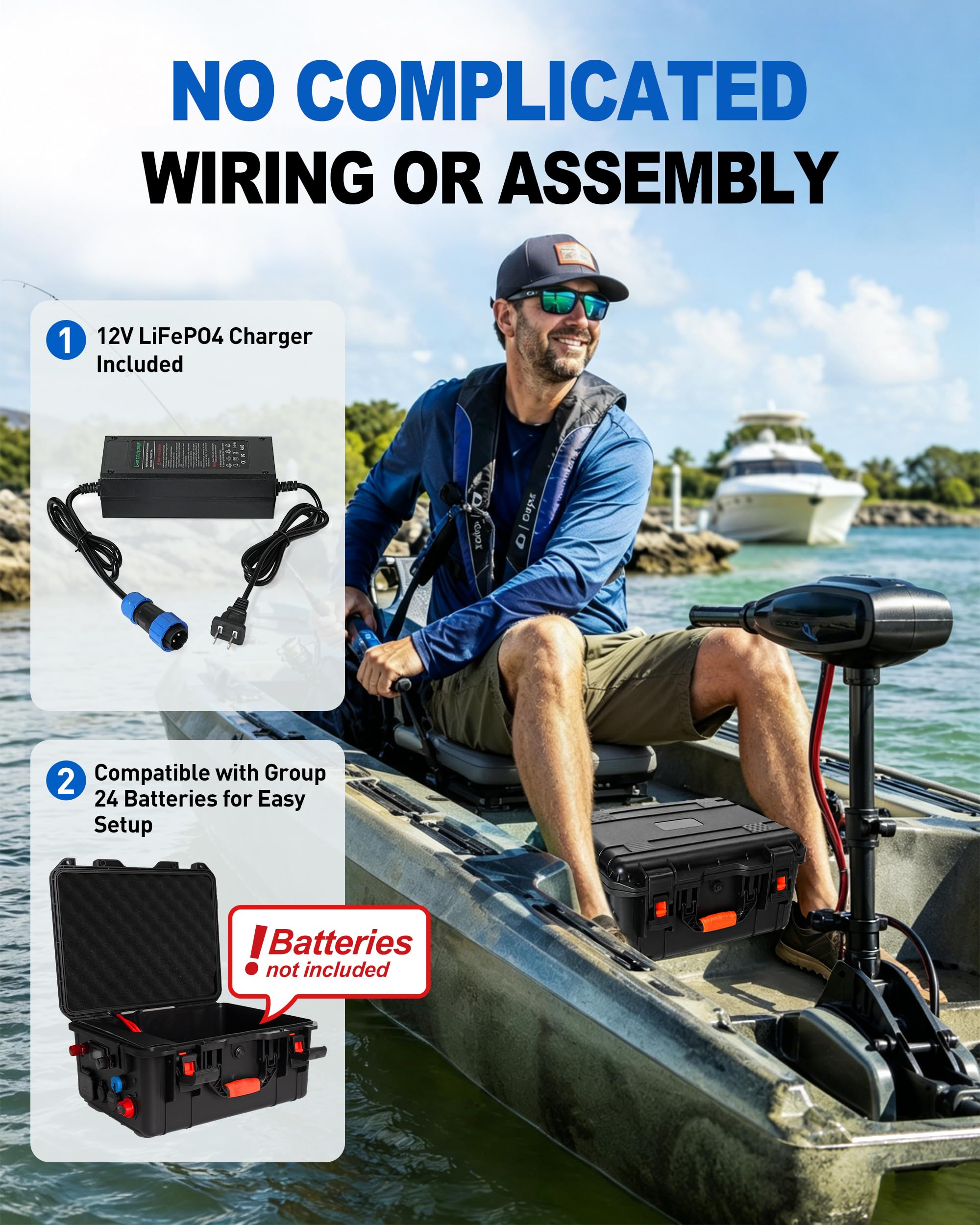 Tragbare Batteriebox für Gruppe 24 Batterien, wasserdichte Marine & RV Batteriebox mit mehreren Anschlüssen, Spannung & Batterieanzeige, für Trolling Motor, Camping, Yacht, Solar und Off-Grid Power