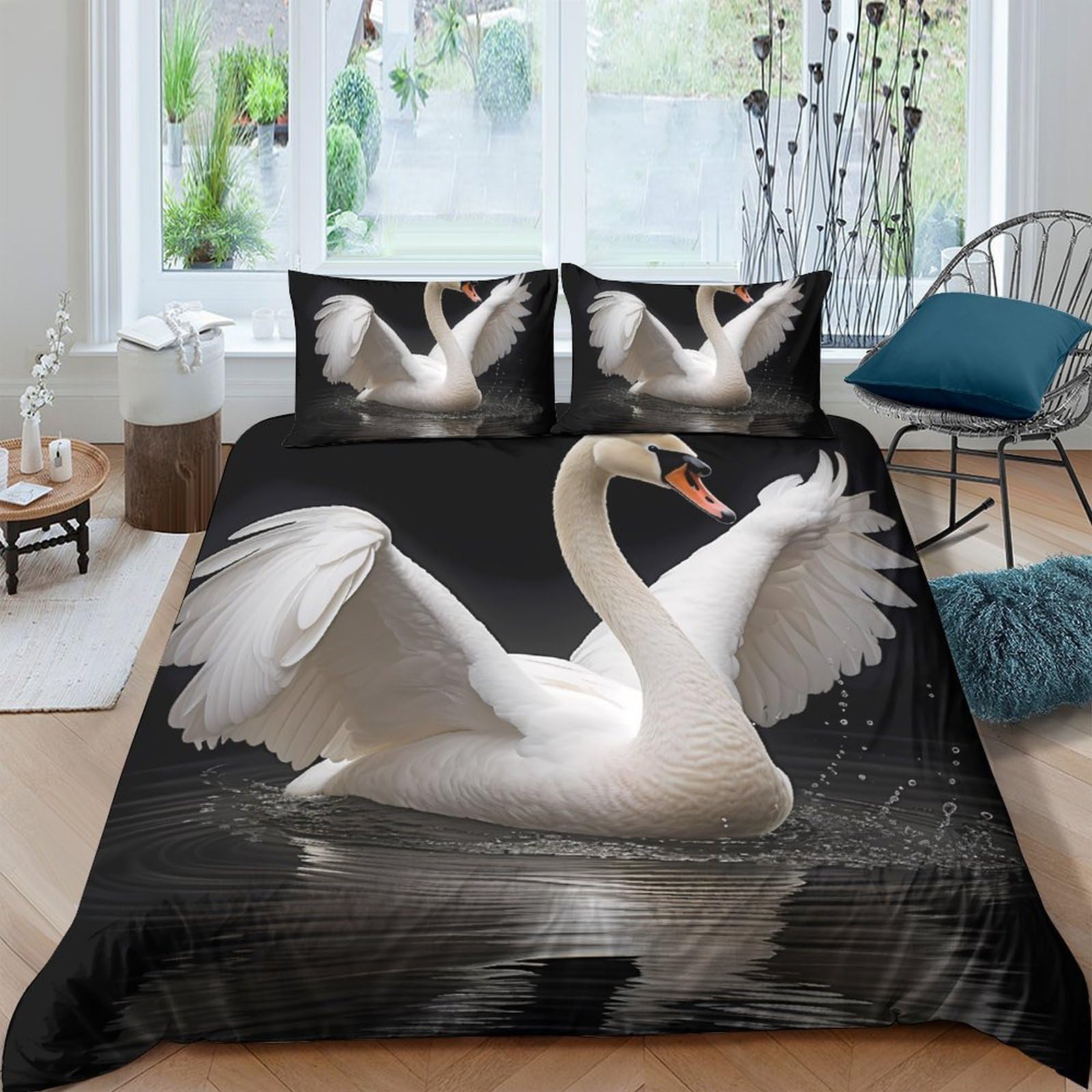 Ctjqhvkz Style-8 3D Printed Swan Lake Fitted Sheet Microfiber Elegant White Bird Mattress Cover For Bedroom Guest Room Decor Single（135X200cm）