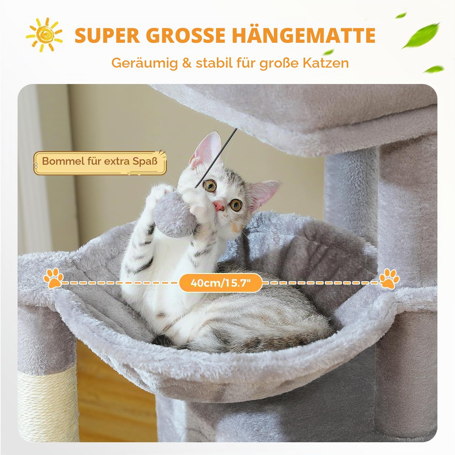 PETEPELA Kratzbaum 104cm Katzenbaum mit 2 geräumigen Höhle für Wohnungskatzen, Katzenhaus mit bequemer 40cm Hängematte, gepolsterter Sitzstange, Kratzpad und abziehbarer Spielball grau