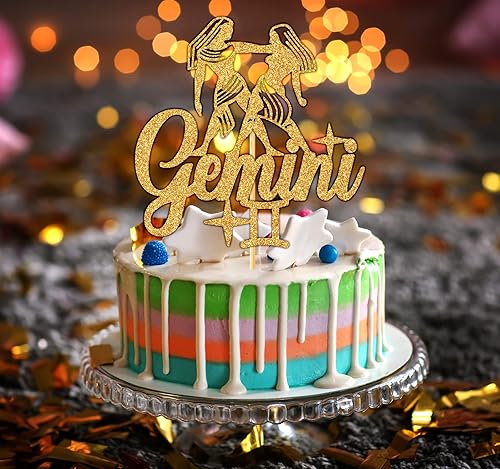 Miniatura 5 de Decoración de pastel de cumpleaños con purpurina dorada de Géminis, decoración de pastel energético de Géminis grande, 12 constelaciones,