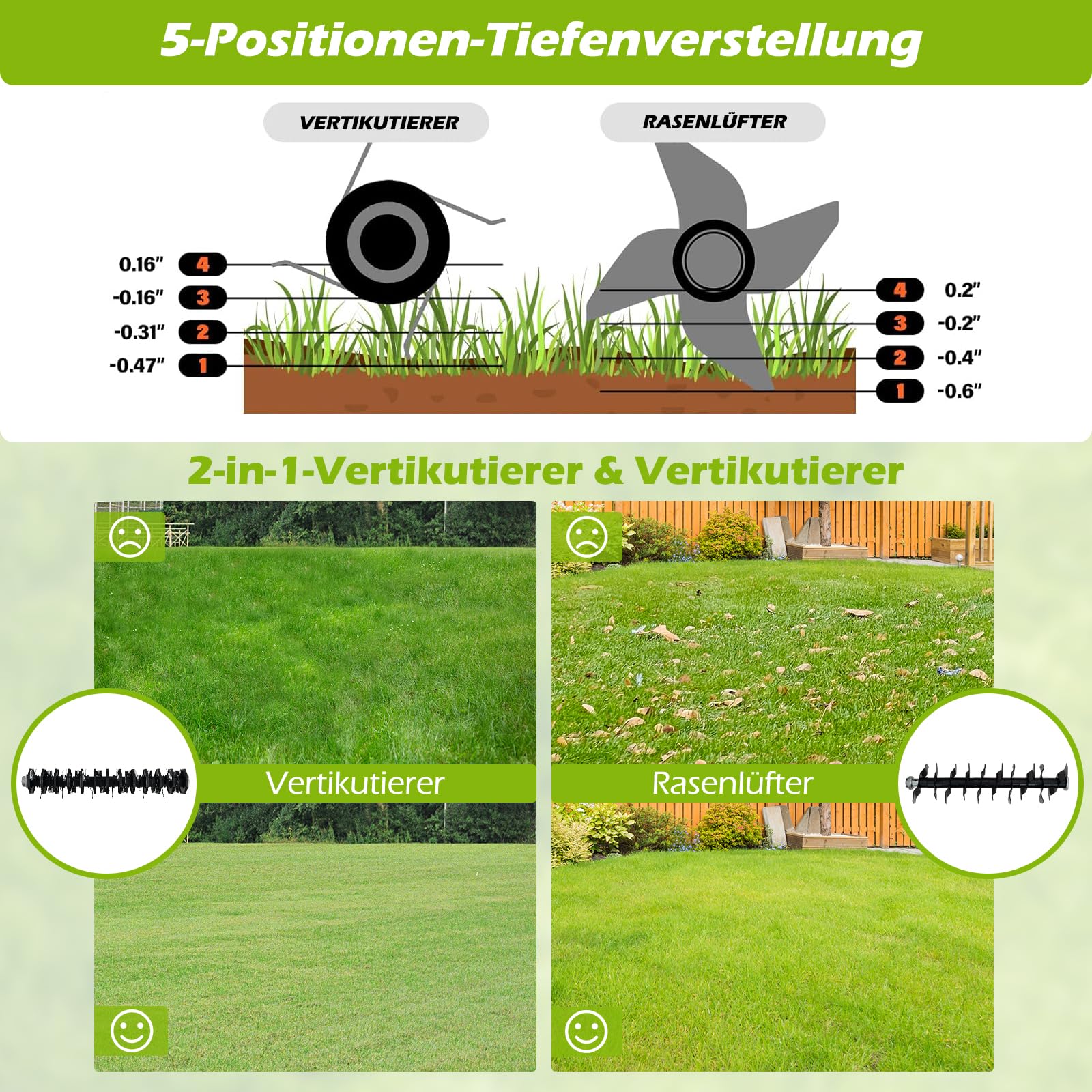 RELAX4LIFE Elektro Vertikutierer Rasenlüfter, 2000W|42cm Arbeitsbreite|5 Stufen Arbeitstiefe|55L Fangkorb|3 Stufen Höhe, Rasenvertikutierer mit Messerwalze & Lüfterwalze, für Rasenpflege (Grün)