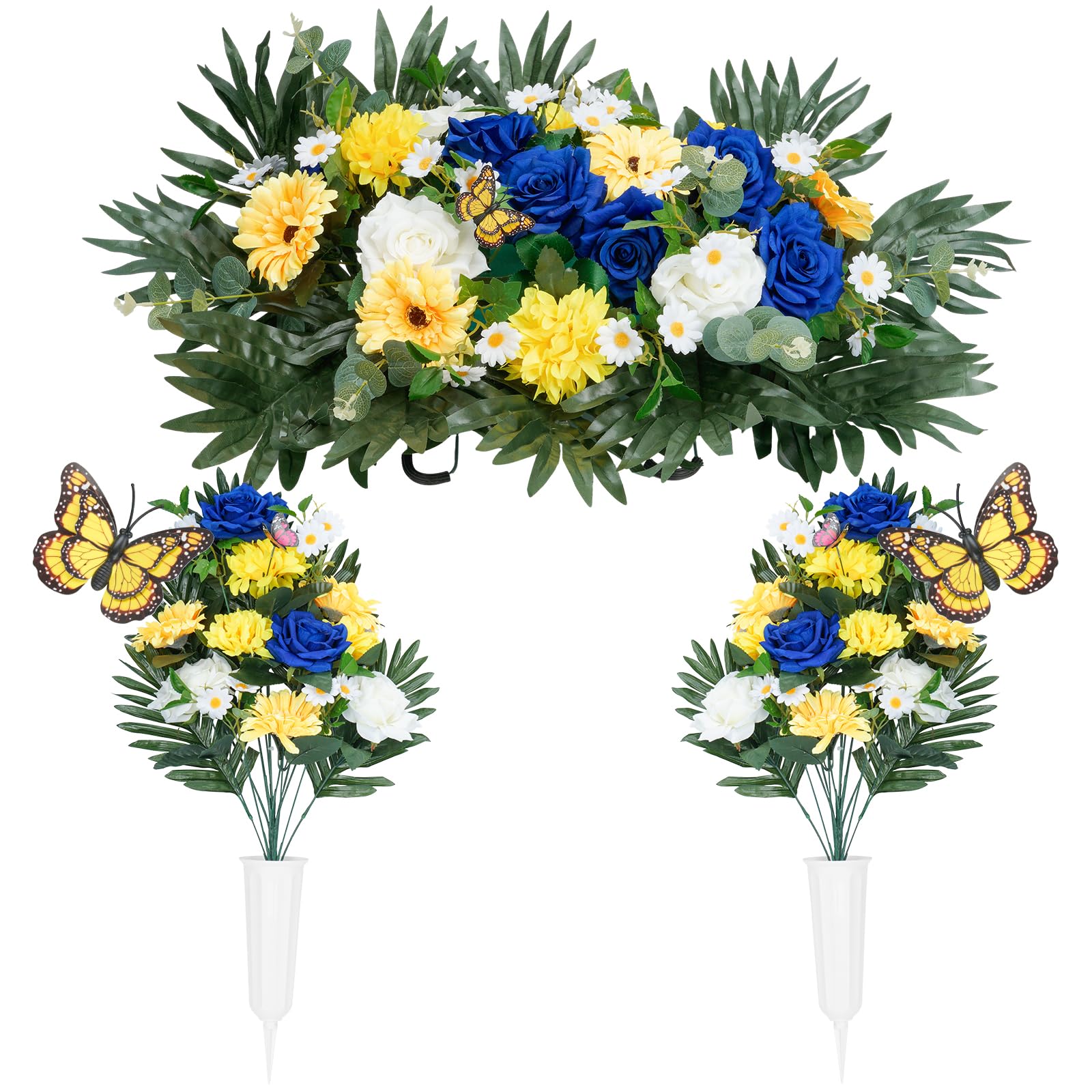 BaozCemetery Flowers Saddles Silks Artificial Flower for Grave Tombstone Bouquet Decoration Realistic Vibrant Wildflowers Colorfast Outdoor Memorial Artificial Flower Butterfly Set with Vases