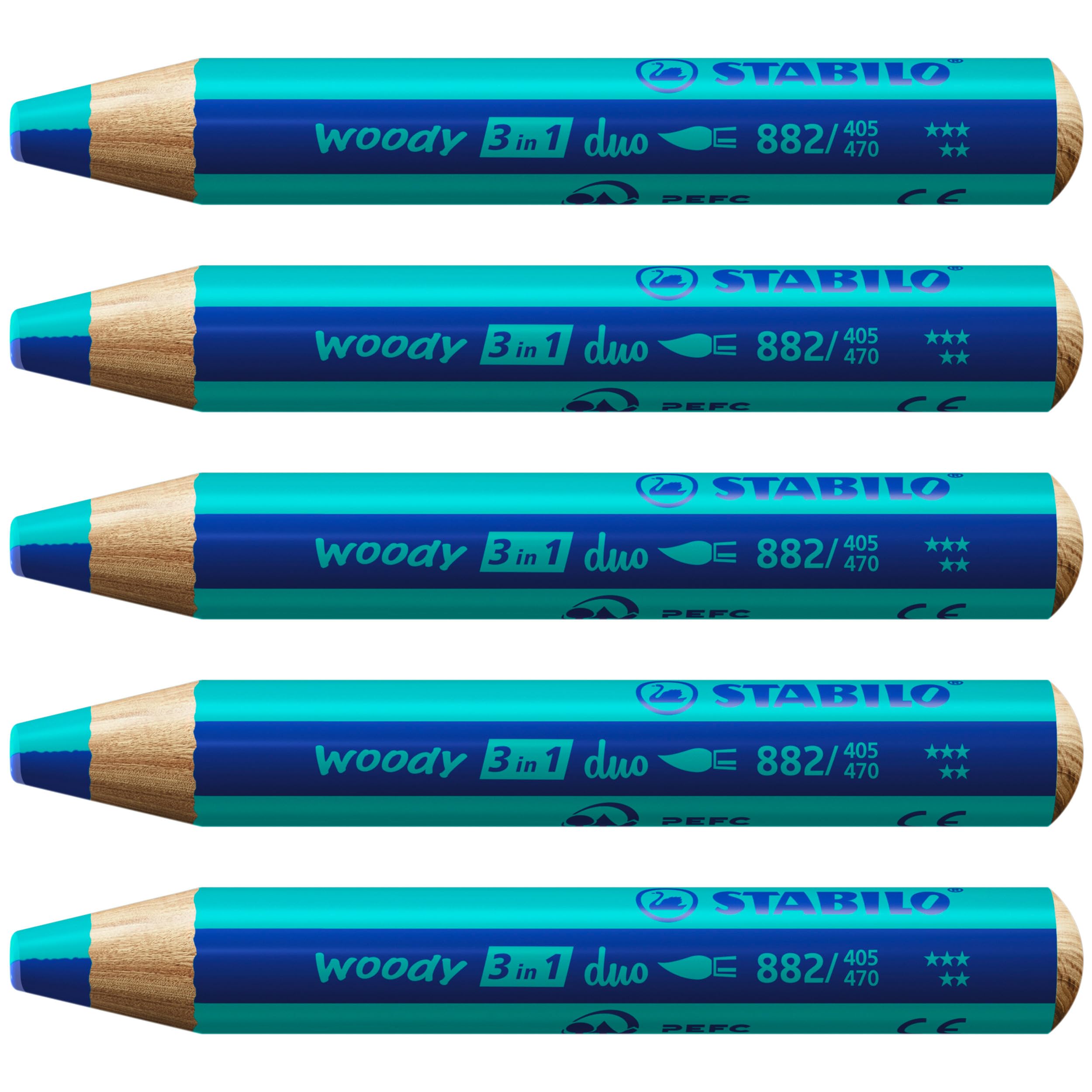 STABILO woody 3 in 1 duo - Matita colorata Multi-Funzione - Mina a 2 Colori - Confezione da 5 - Blu Oltremare/Turchese