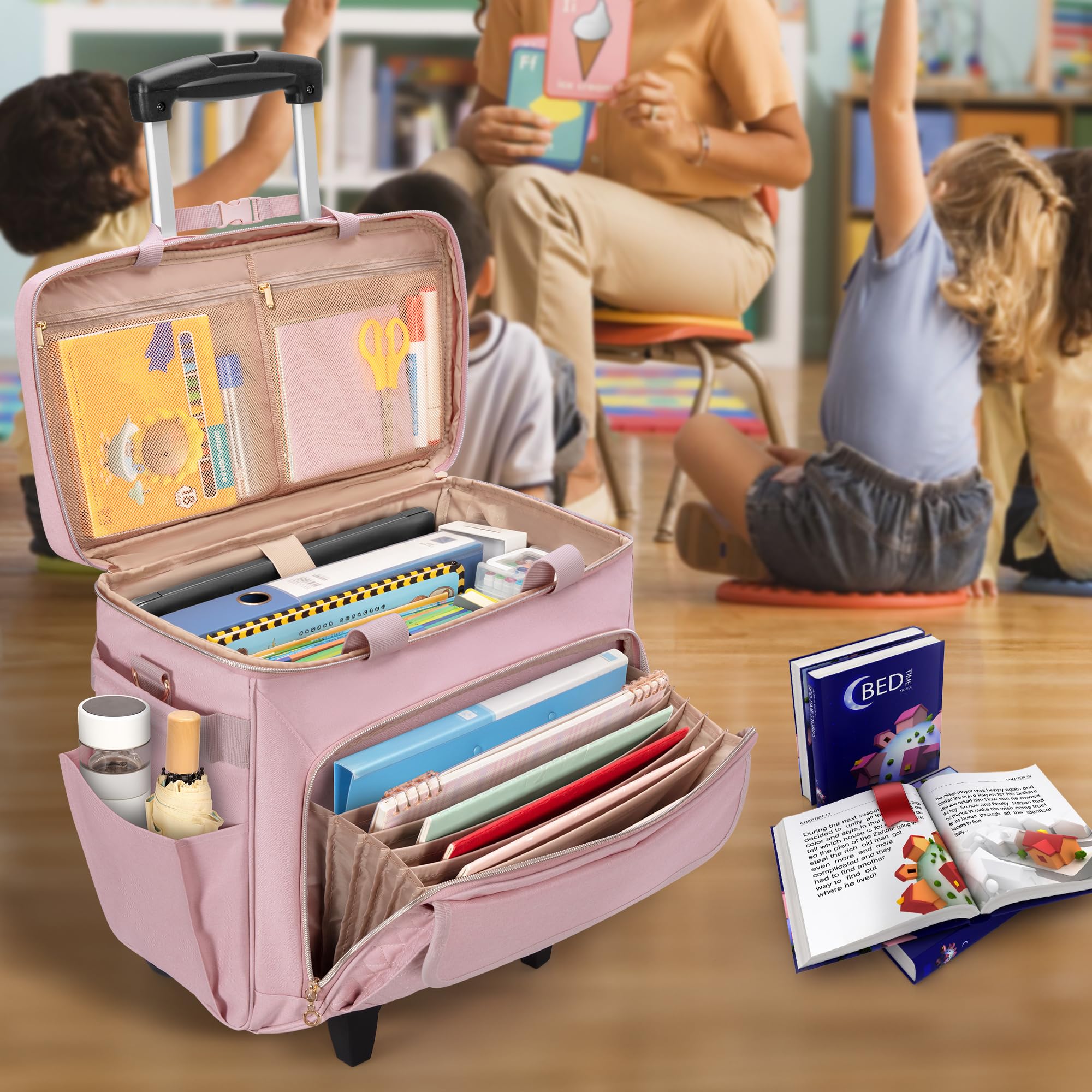 Luxja Bolsa de Profesora con Ruedas con Compartimento para Computadora Portátil y Plataforma Rodante Desmontable, Bolso para Maestra con Área de Archivo de Acordeón (Solo Bolsa), Rosa
