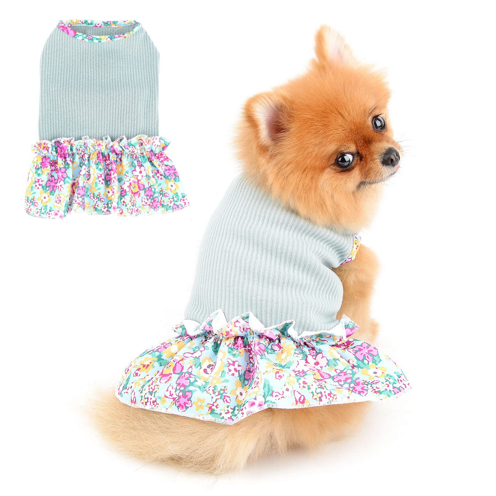 PAIDEFUL Dog Flowers Dress for Small Medium Dogs Cats Female Girls Soft Cotton Vest Tee Ruffled Skirt Breathable Tank Tops Puppy Chihuahua Yorkie Clothes T Shirts Pet Spring Summer Wearing Green M