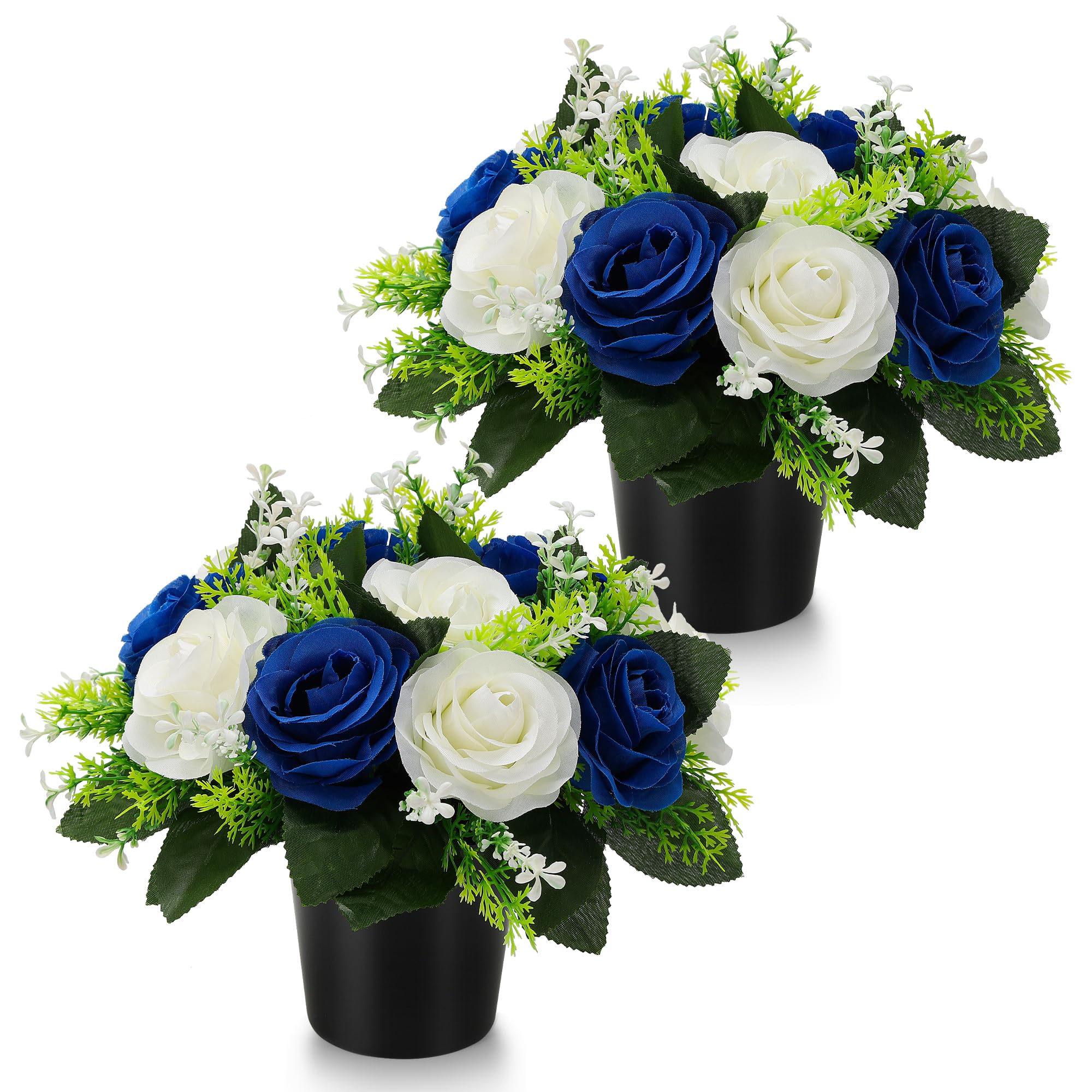 GeekLeaf 2 Pcs Artificial Flowers for Graves, Grave Flowers Pots Blue White