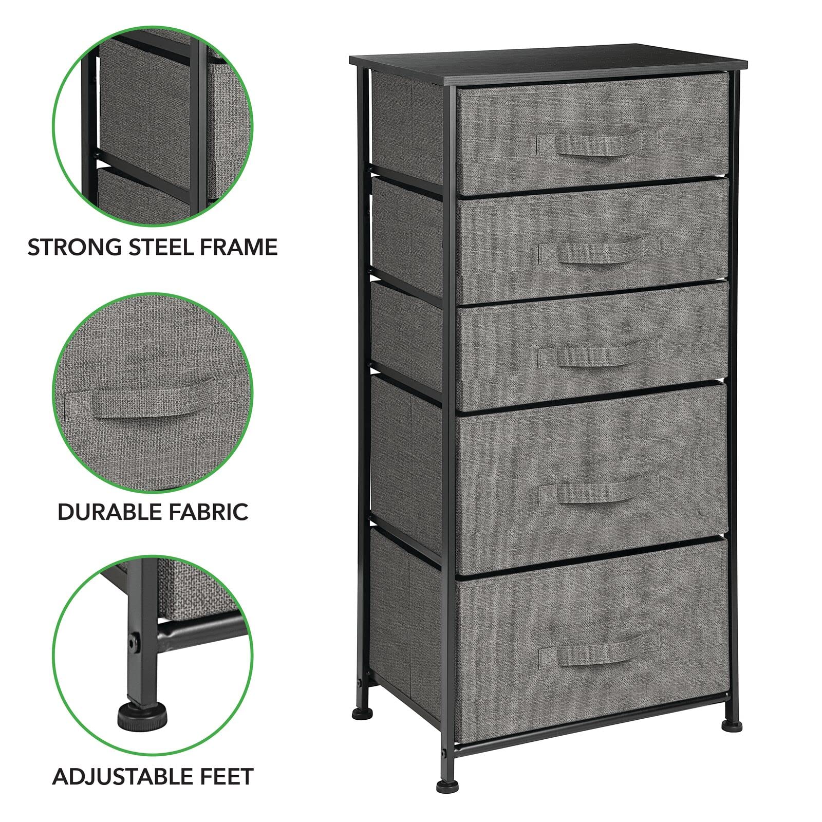 mDesign Kommode aus Stoff – praktischer Schrank Organizer mit 5 Schubladen in 2 Größen – Aufbewahrungssystem für Schlafzimmer und kleine Wohnräume – grau und schwarz
