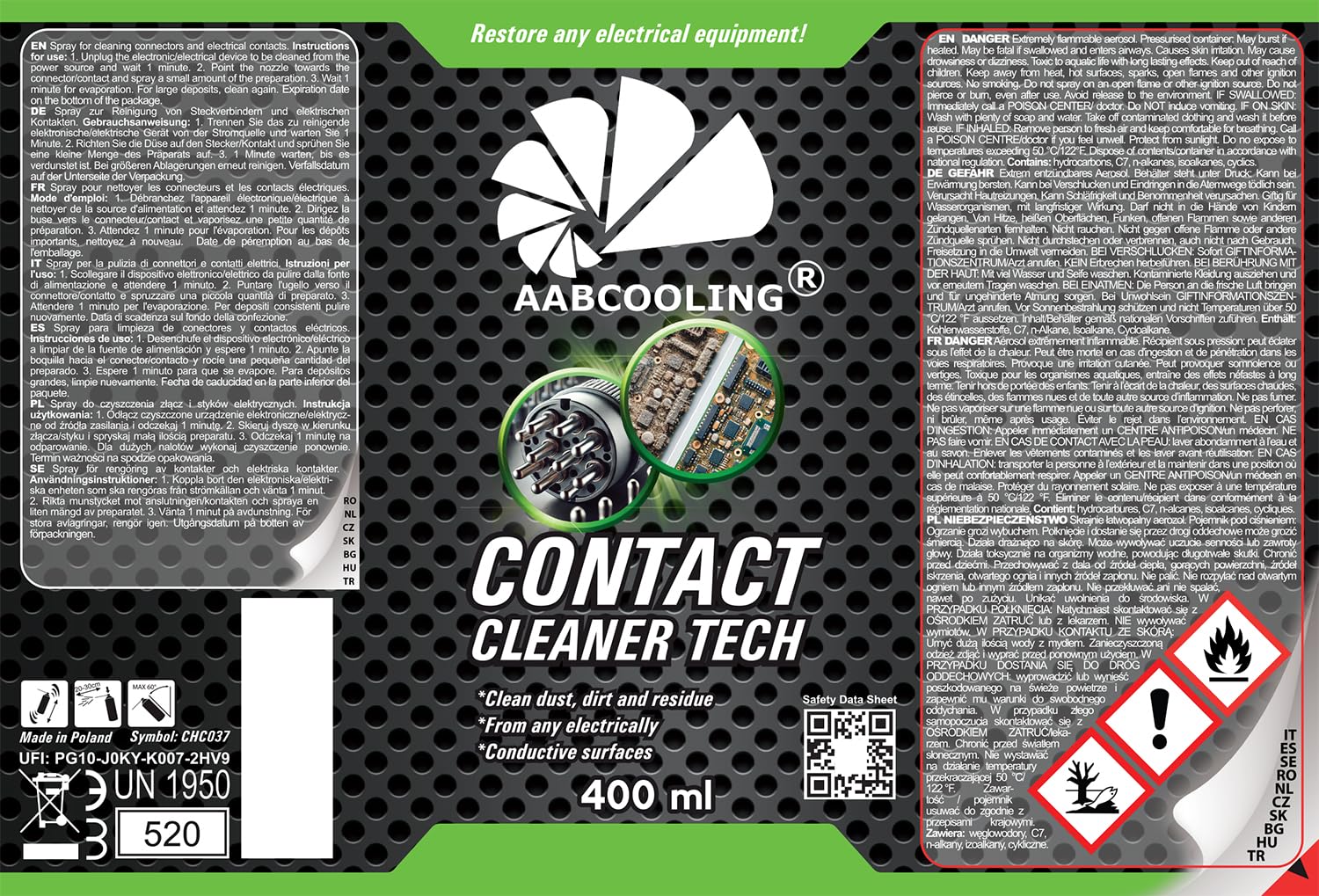 AABCOOLING Contact Cleaner TECH (Pack de 24x400 ml) – Spray limpiador multiusos, desengrasante rápido, para casa, coche y taller, elimina grasa, polvo y aceite K2
