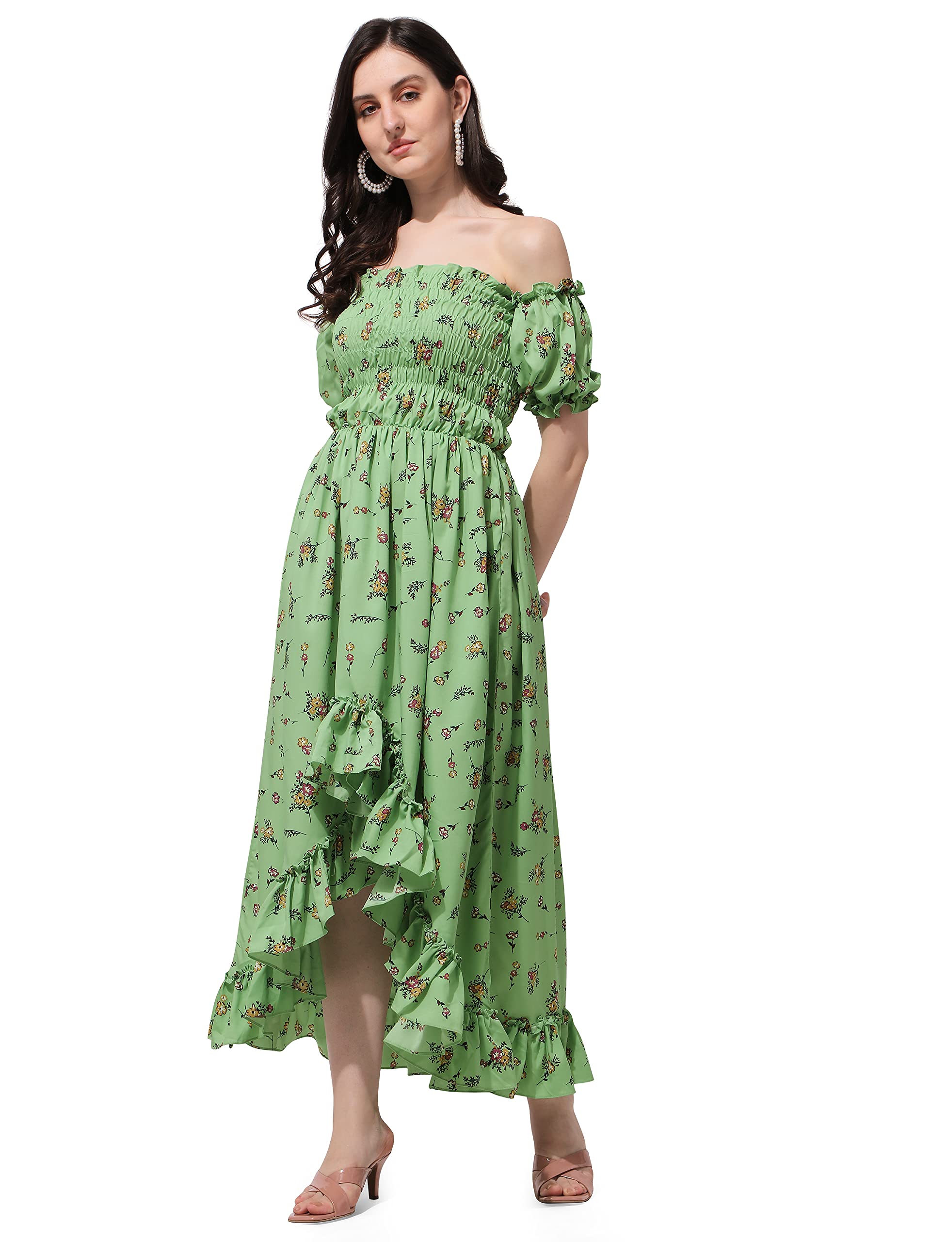 Oomph! Flared Dress For Women Stylish | Long One Piece For Women | Off Shoulder Puff Sleeve Long Dress | Floral Print Maxi One Piece | Western & Fusion Wear Bohemian Style