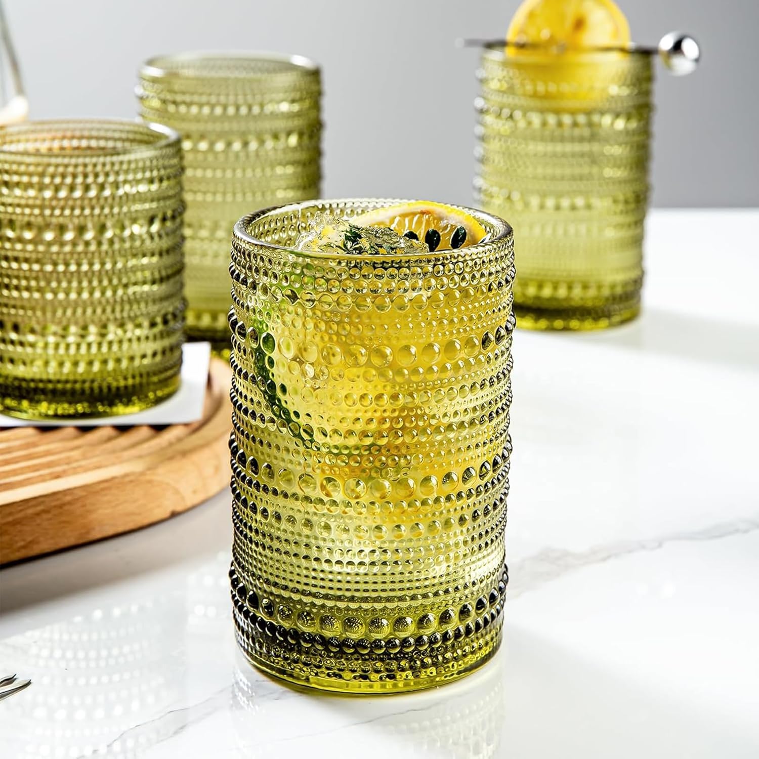 Set of 8 Hobnail Drinking Glasses Colored Vintage Glassware - 4 Highball Glasses 14 oz, 4 Rocks Glass Cup 11 oz, Embossed Old Fashioned Glassware for Water, Juice, Wine, Beer (4 Colors) - Image 7