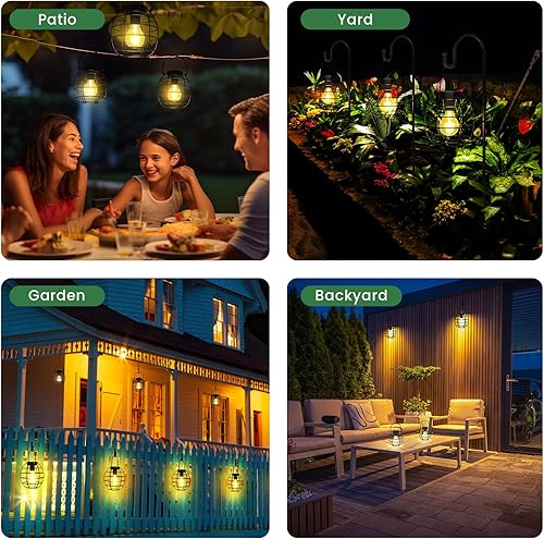 Miniatura 4 de shumi Luces solares para exteriores, paquete de 2 faroles solares colgantes de metal para exteriores, impermeables, alimentadas por energía solar,