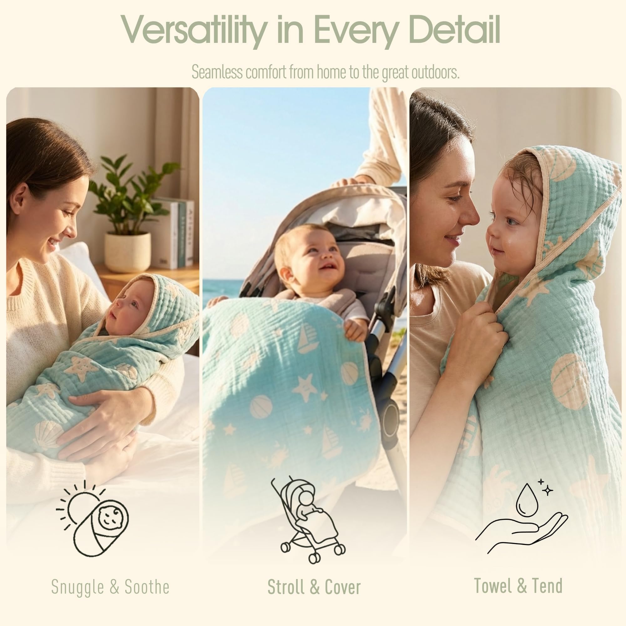 Glattol HardNok Bamboo Muslin Baby Towel Hooded,32 x 32 Inches Silk Soft and Comfortable 6 Layer Large Bath Towel for Boys,Girls(Ocean Green)…