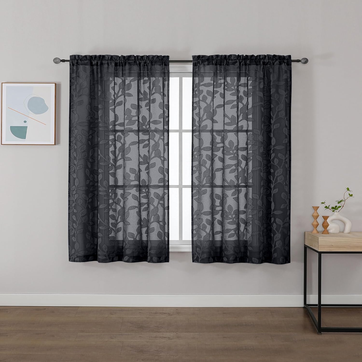 OVZME Black Sheer Curtains 42 X 45 Inch Length 2 Panels