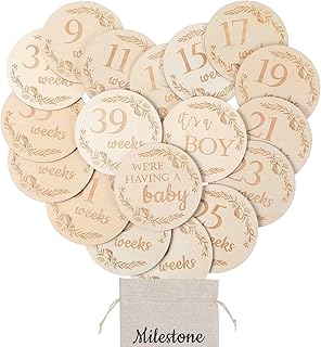 19 Pieces Pregnancy Milestone Signs Weekly Baby Bump Tracker 4.7" Milestone Cards Wooden Milestone Discs Double Sided Pregnancy Weekly Signs Neutral Baby Announcement Cards with Bag for Pregnant Moms