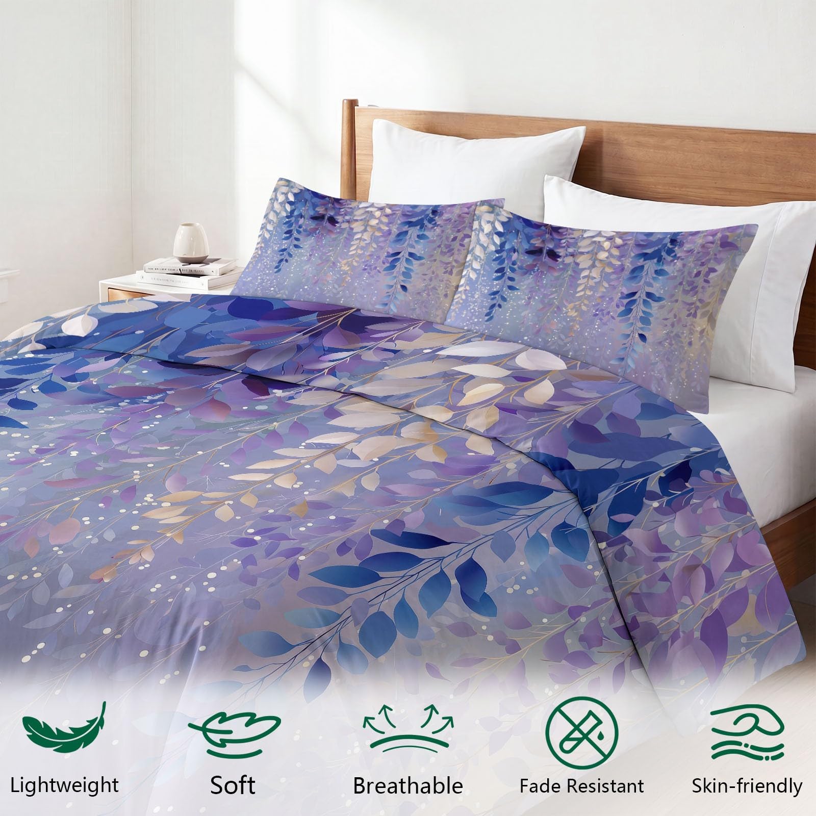 Generisch Bettwäsche Set 3-teilig 200 x 200 cm, Verträumt Kinderbettwäsche Mikrofaser mit Reißverschluss - Bettbezug Blumenmuster Blauregen Blätter für Jungen Mädchen Lila Bettwaren