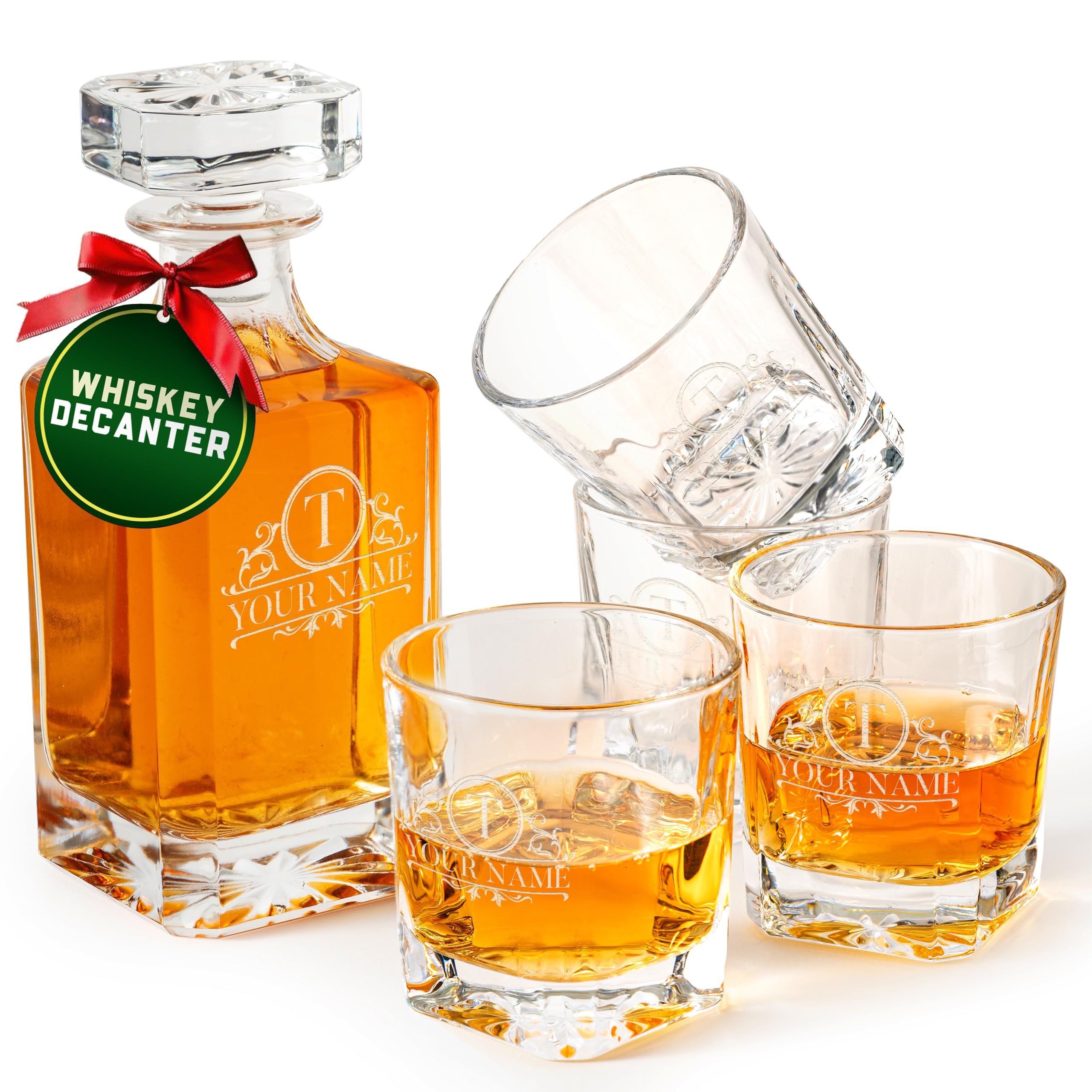 Personalized Whiskey Decanter Set for Men - 8 Engraved Design Options - Custom Crystal Decanter & Glasses Set for Liquor Lovers - Christmas Gifts for Men, Birthday, Christmas, Retirement - Whiskey Set