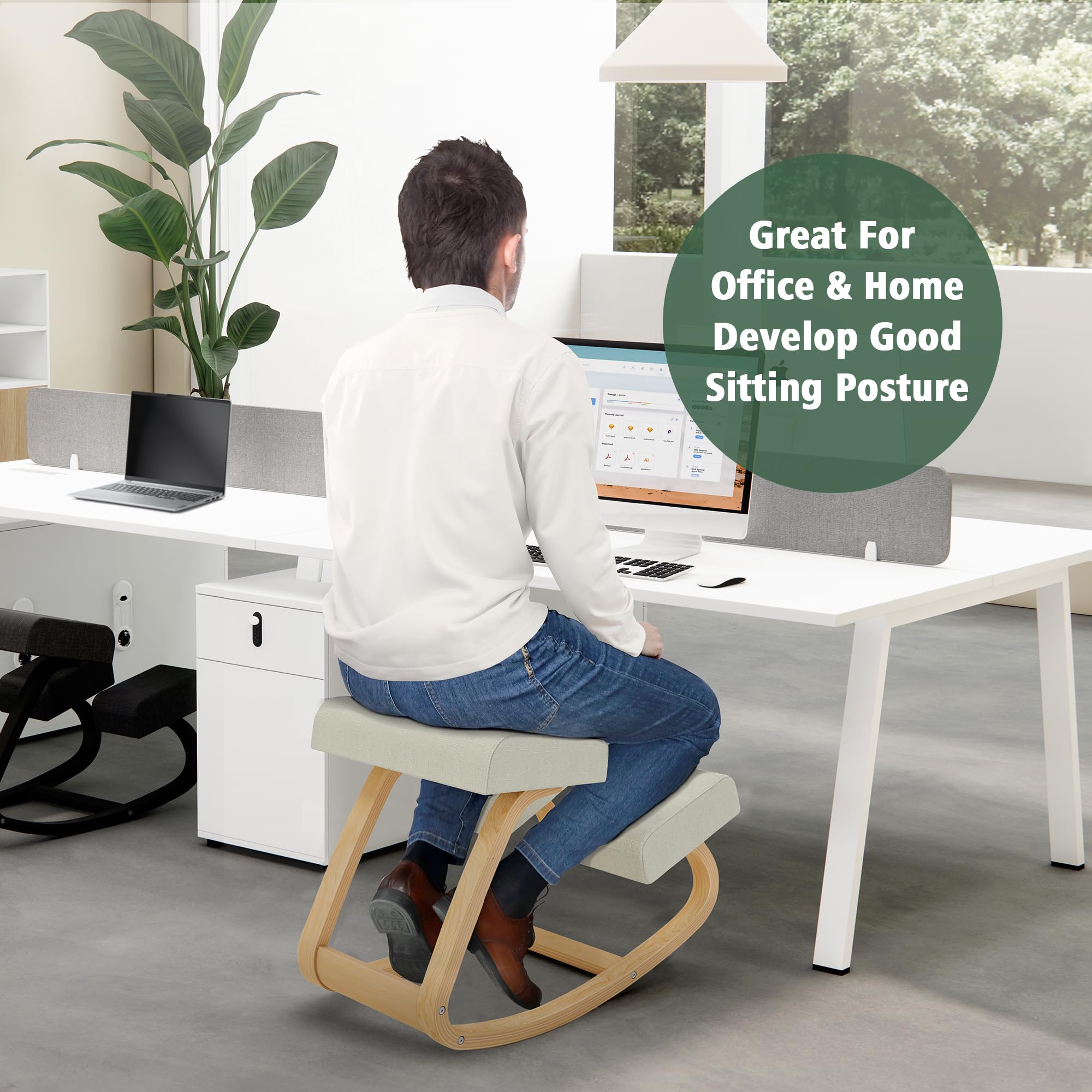Ergonomischer Kniestuhl ausMassivholz mit Wippfunktion,gepolsterte Sitz-und Knieauflage fuirBuro, Homeoffice und Lernen, bis 100kg