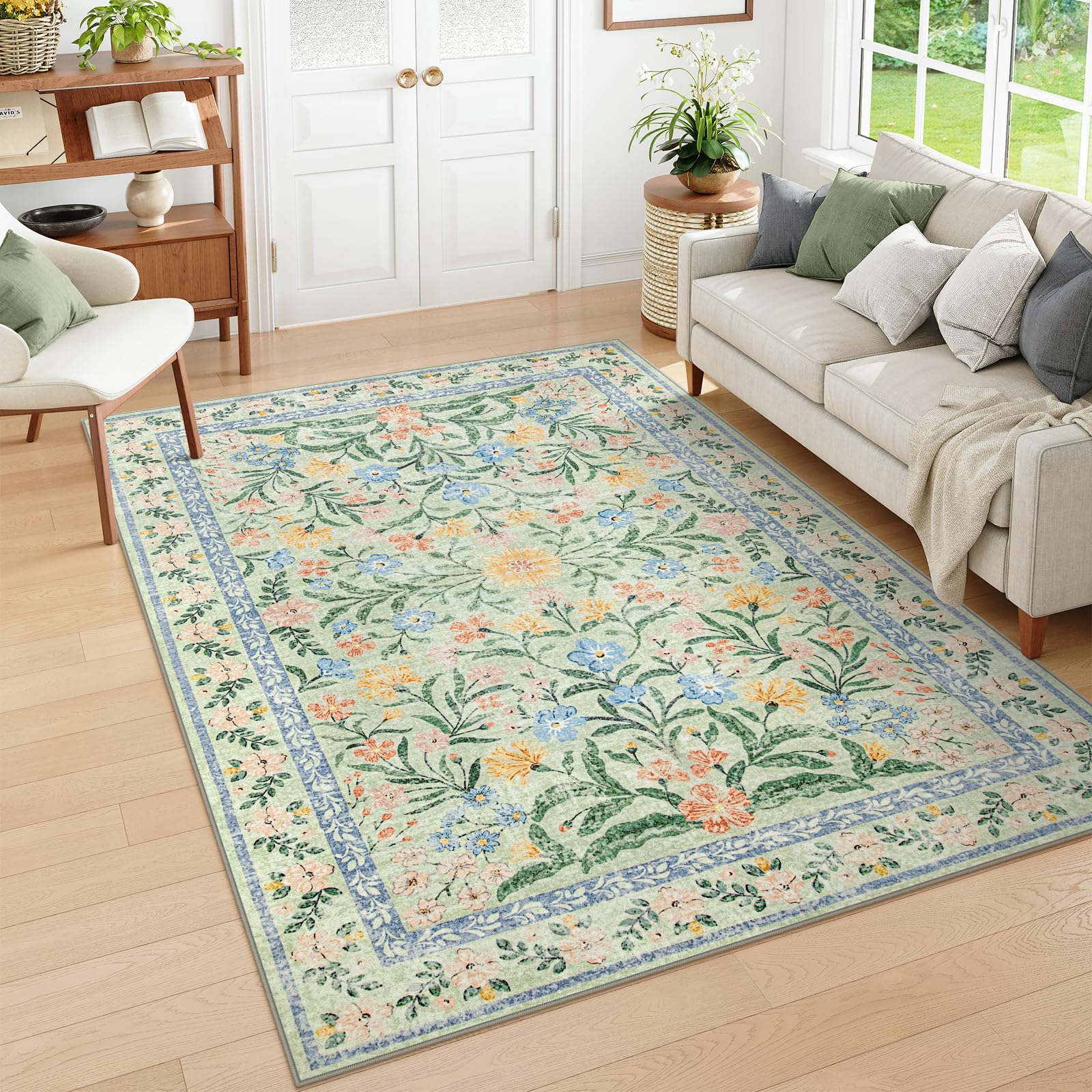 Wonnitar Washable Floral 6x9 Rug, Soft Green Area Rug Boho Non Slip Dining Room Carpet, Non-Shedding Flower Floor Carpets for Kids Bedroom Living Room