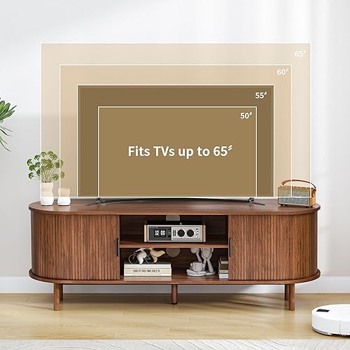 Miniatura 6 de Soporte de TV acanalado de 54 pulgadas con almacenamiento, consola de TV moderna de mediados de siglo con puertas correderas Tambour, centro de