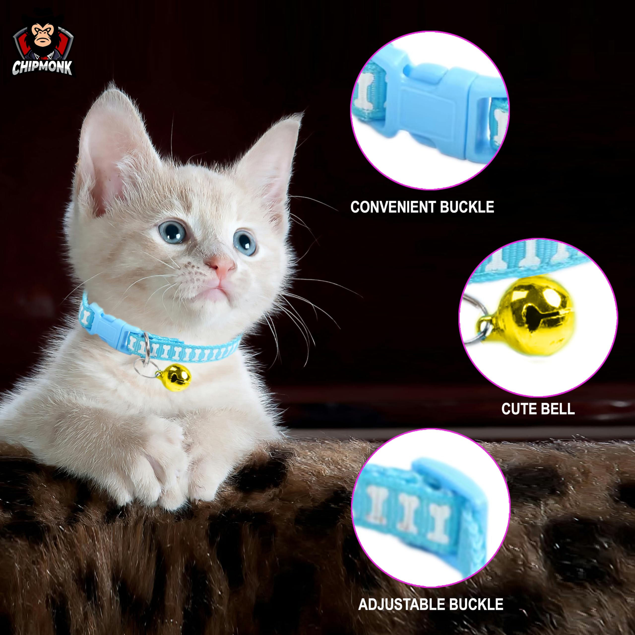 Chipmonk Cat & Puppy Collar with Bell,Kitten & Small Dogs Soft Adjustable,Safe,Solid & Protective Breakaway for Cats & Puppies,Cute Kitty Neckband with Multi Bones Print-(Dark Blue,Green,Blue) 2