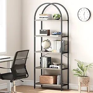 GarveeHome Arched Bookshelf 5 Tier Tall Bookcase Modern Standing Bookshelves Metal Storage Rack Shelf Wood Book Shelf for Bedroom, Living Room, Home Office (Grey)